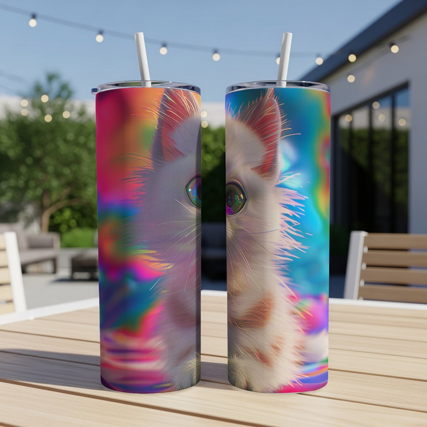Two tumblers featuring a close-up of a cat's face with colorful, abstract background.