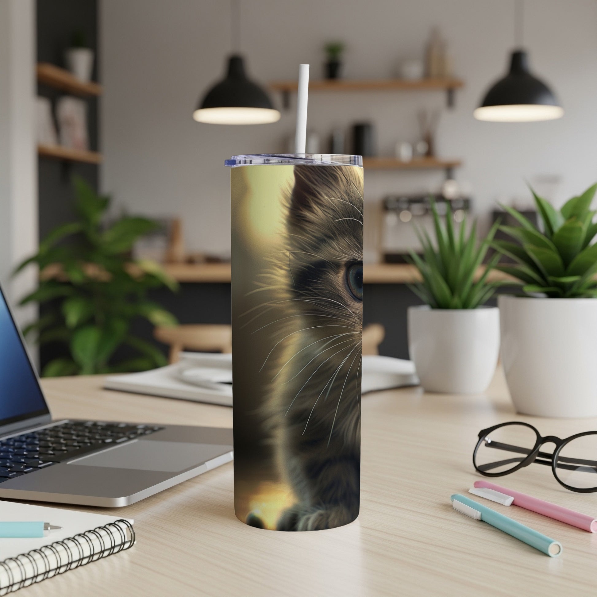 Close-up of a cat's face on a cylindrical tumbler with a straw.
