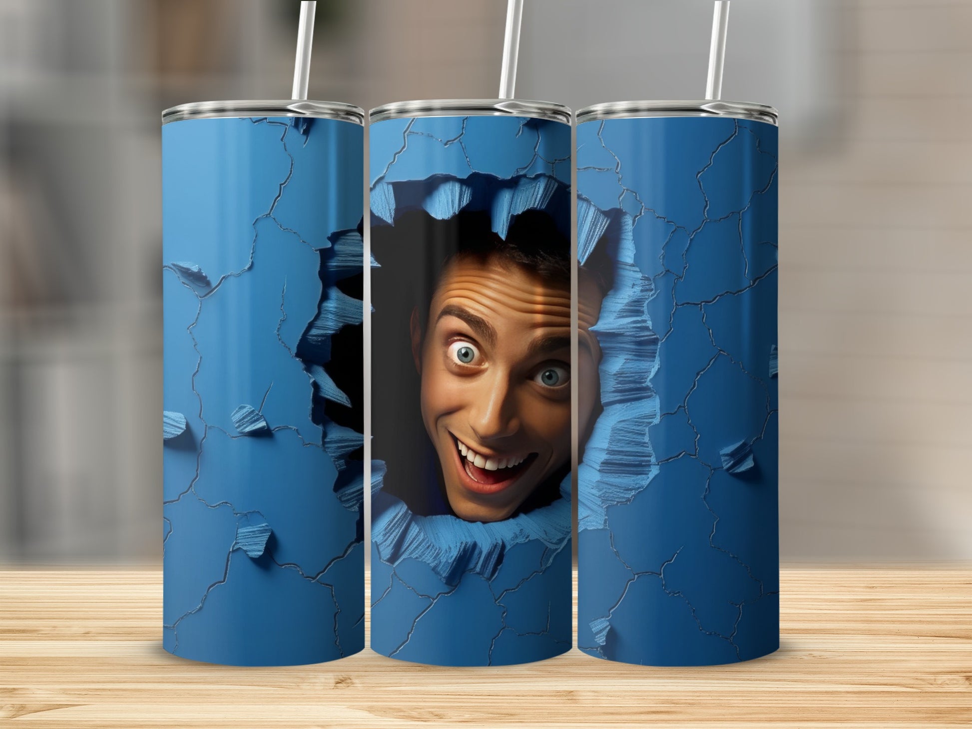 Blue tumbler with a man's surprised face peeking through a cracked blue surface.