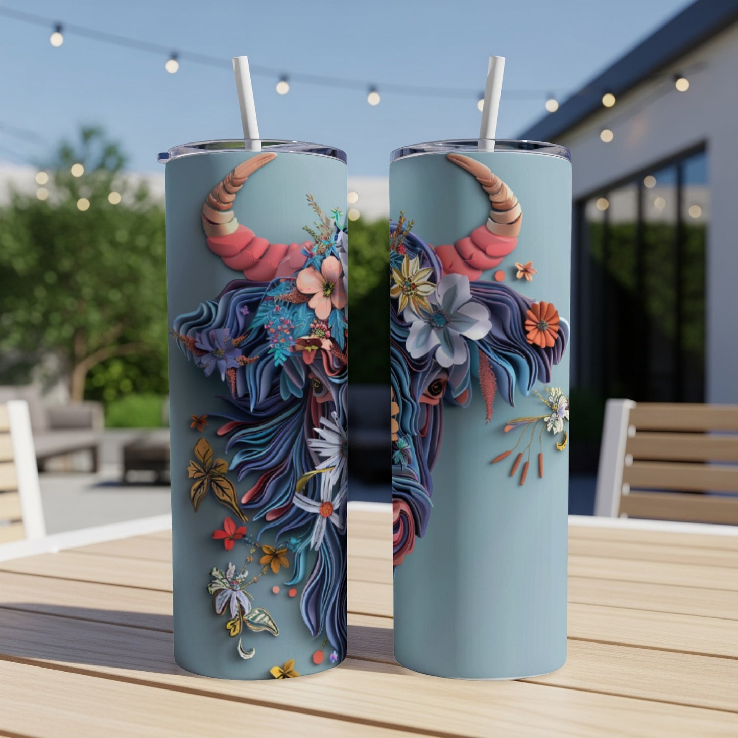 Two tumblers with a floral bull design sit on a wooden table.