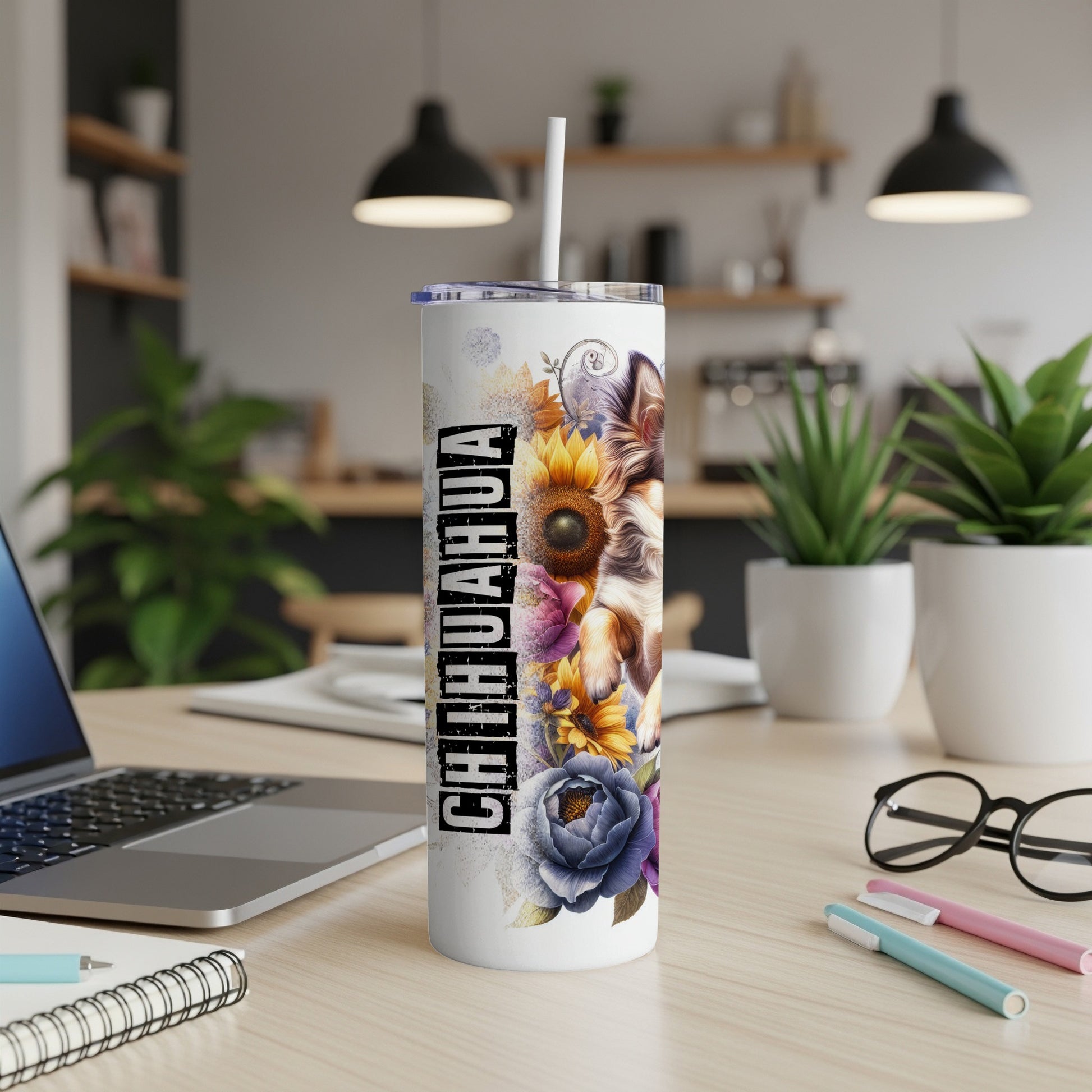 White tumbler with "Chihuahua" text and floral dog portrait.