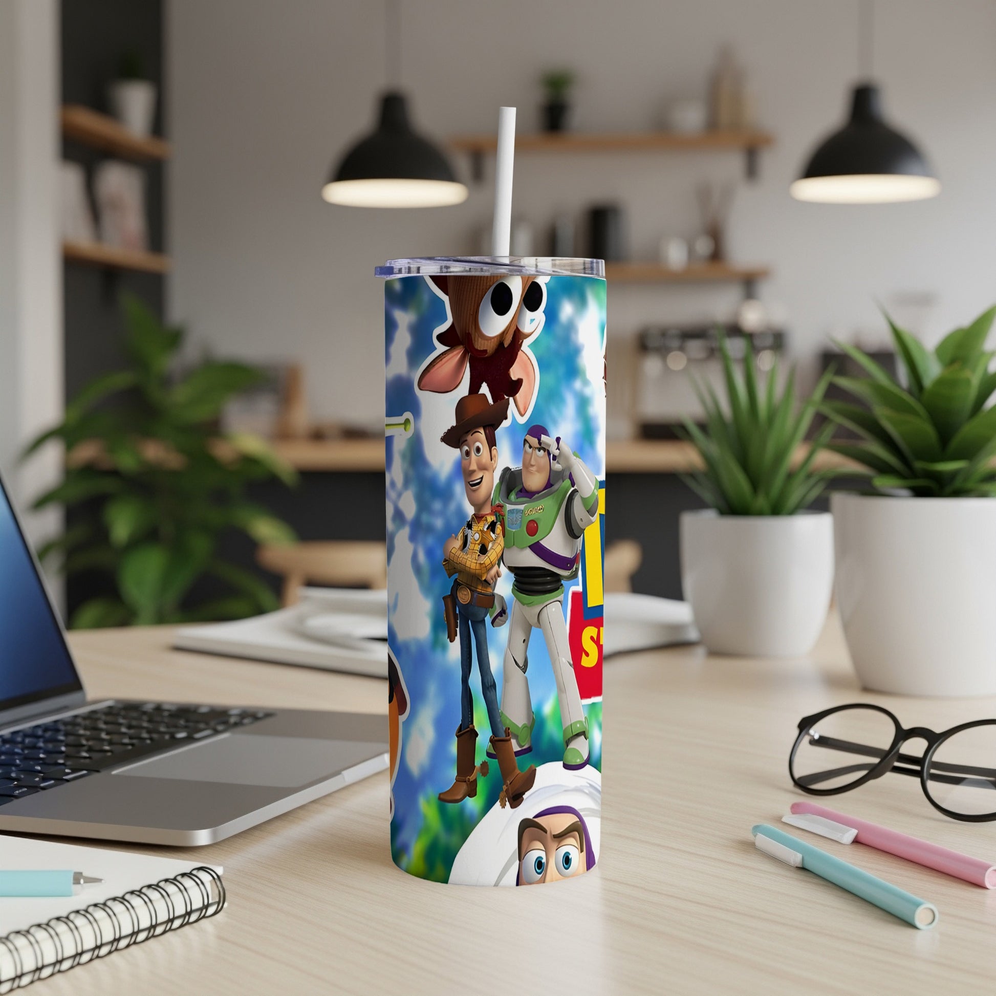 Toy Story characters Woody and Buzz Lightyear on a white tumbler.