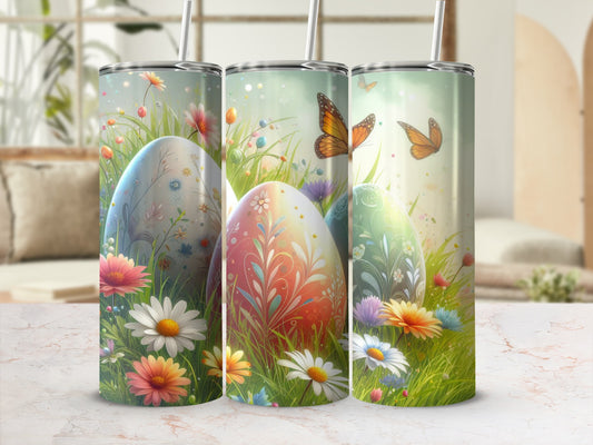 Easter eggs and flowers on a tumbler with butterflies.