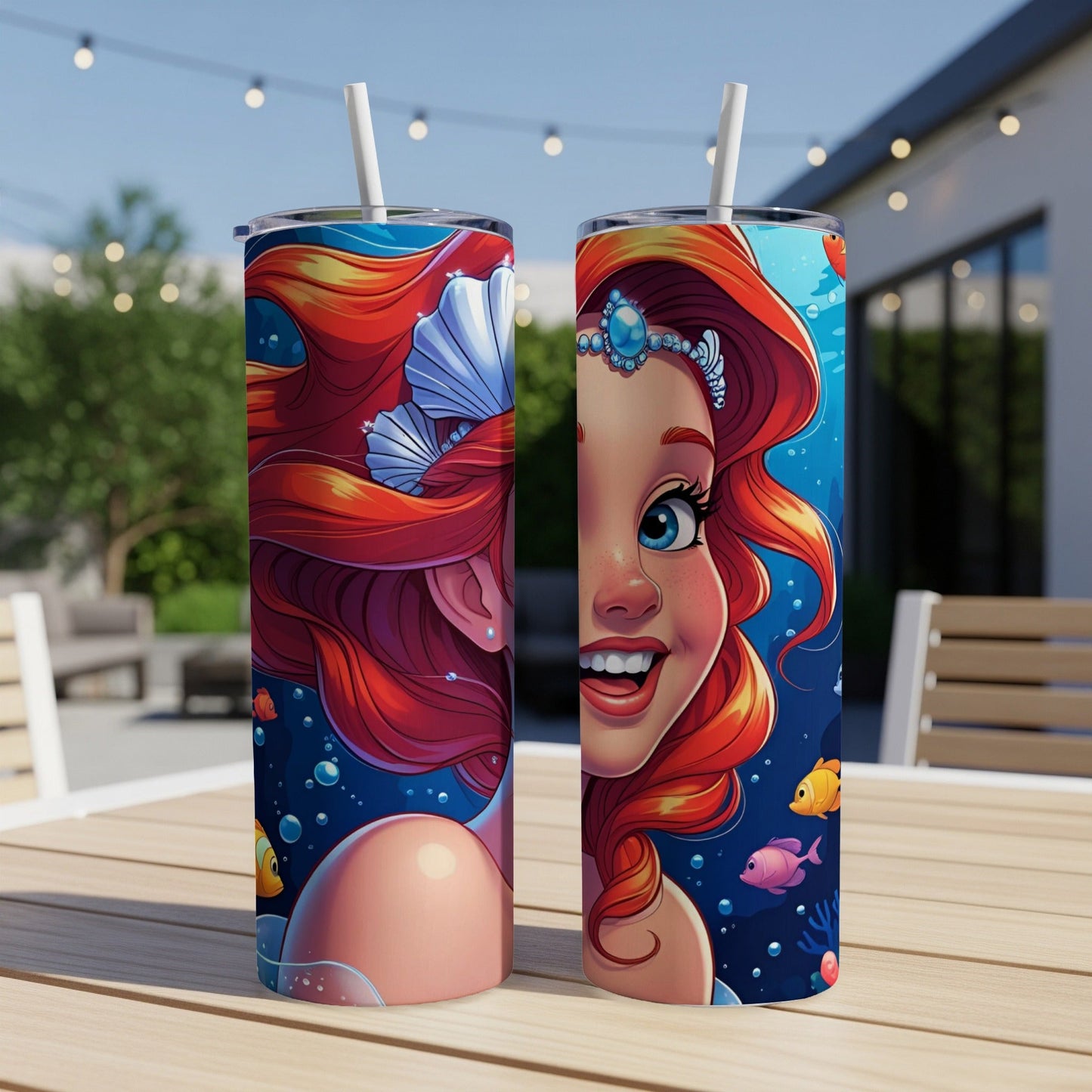 Ariel character from The Little Mermaid on a blue-themed tumbler.