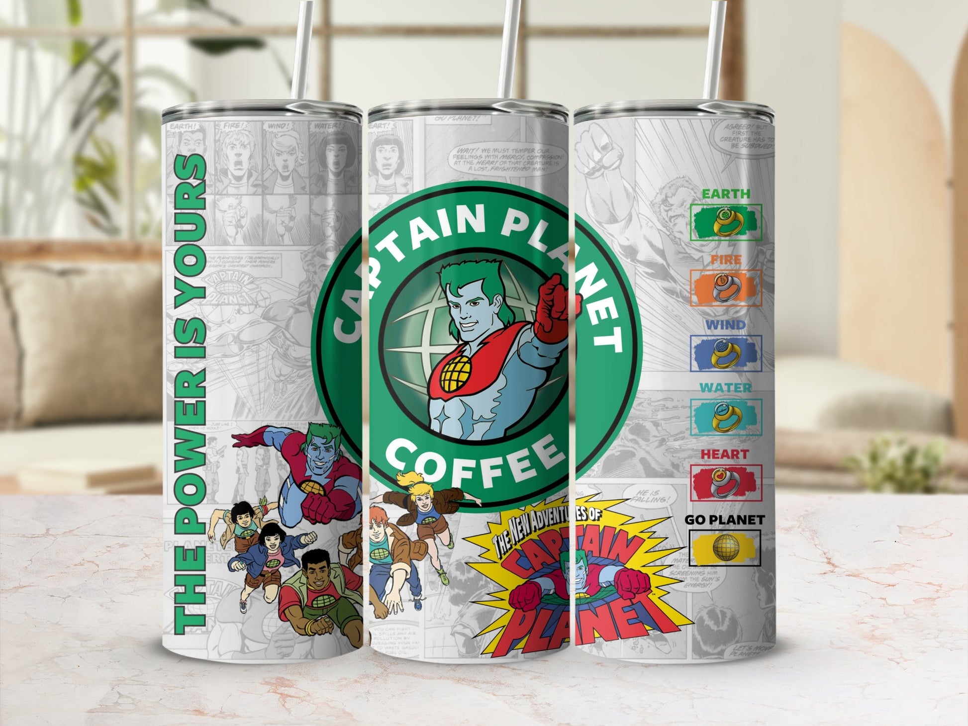 Captain Planet Coffee Tumbler with Heroes and Elements