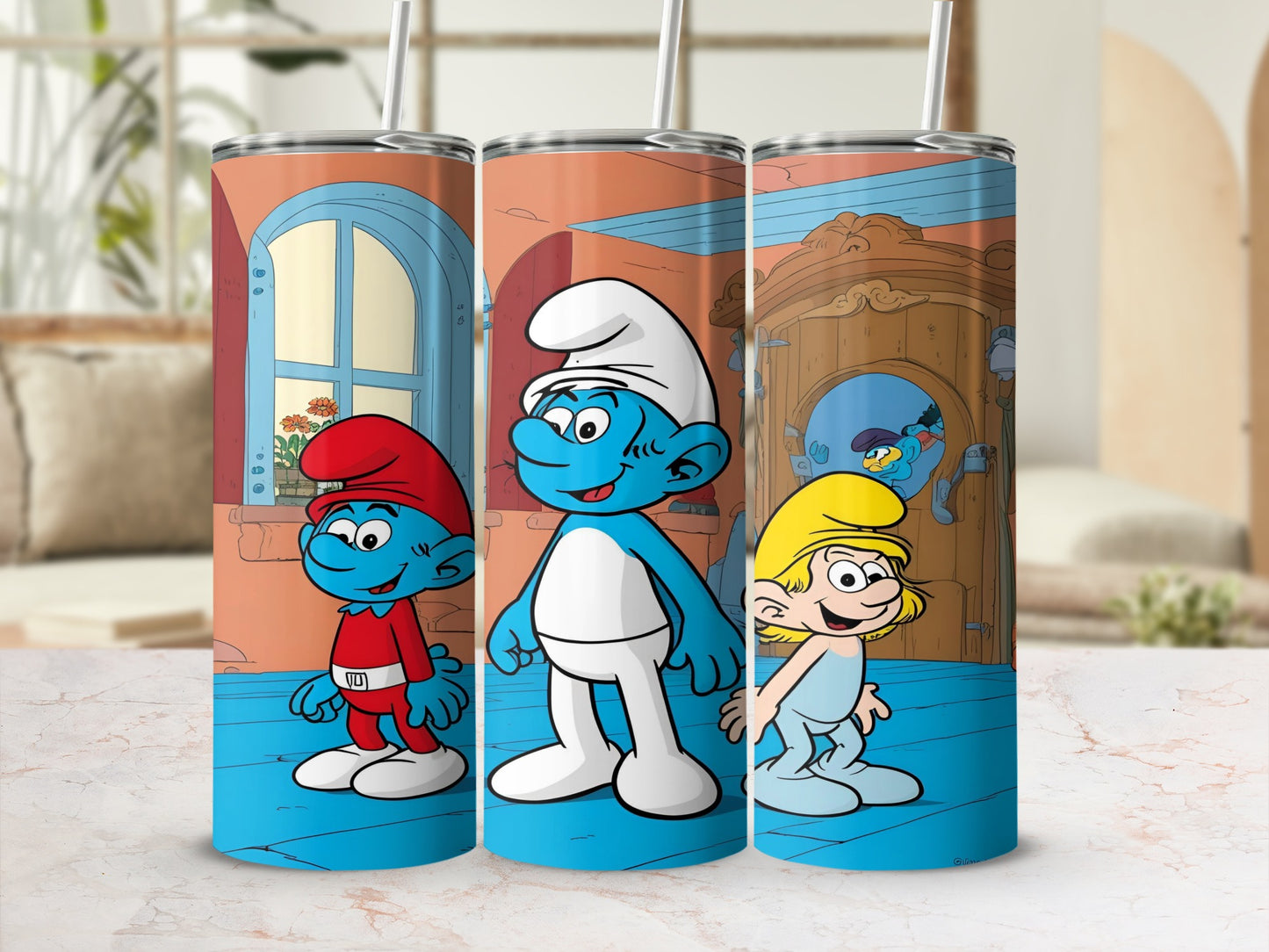 Three Smurfs characters on colorful tumblers with cartoon background.