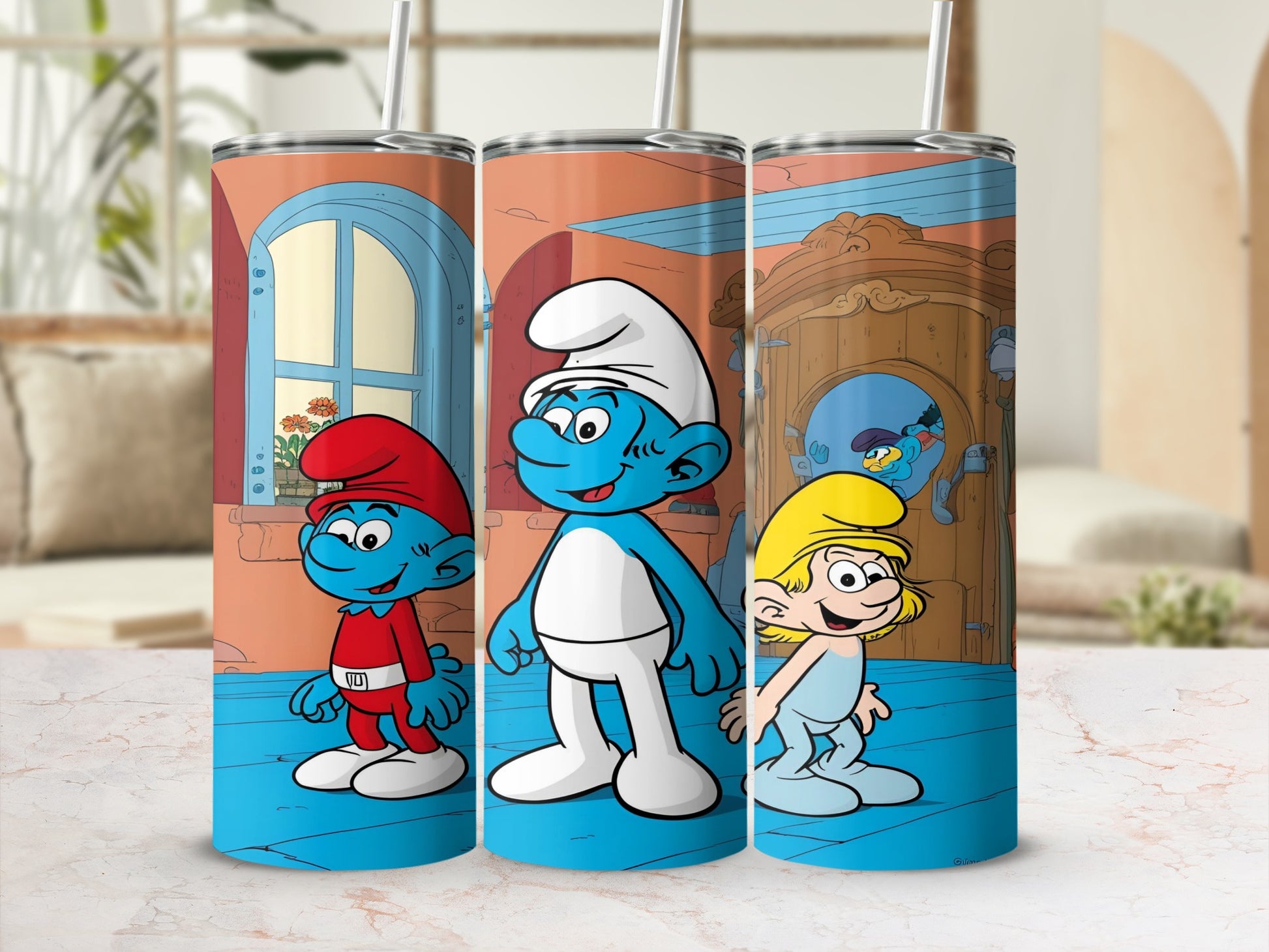 Three Smurfs characters on colorful tumblers with cartoon background.