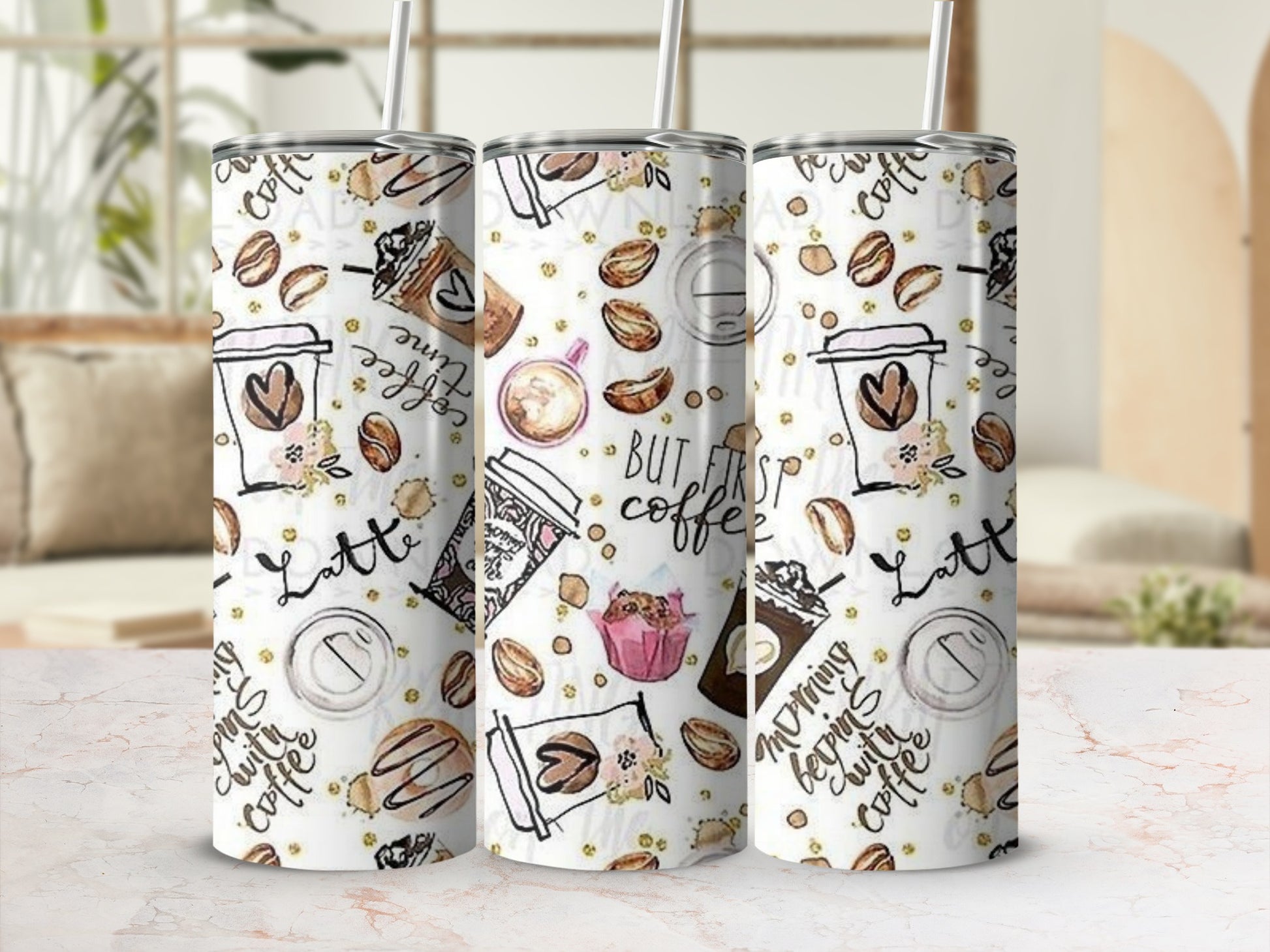 Latte and Coffee Print Tumbler Cup with Straw Trendy