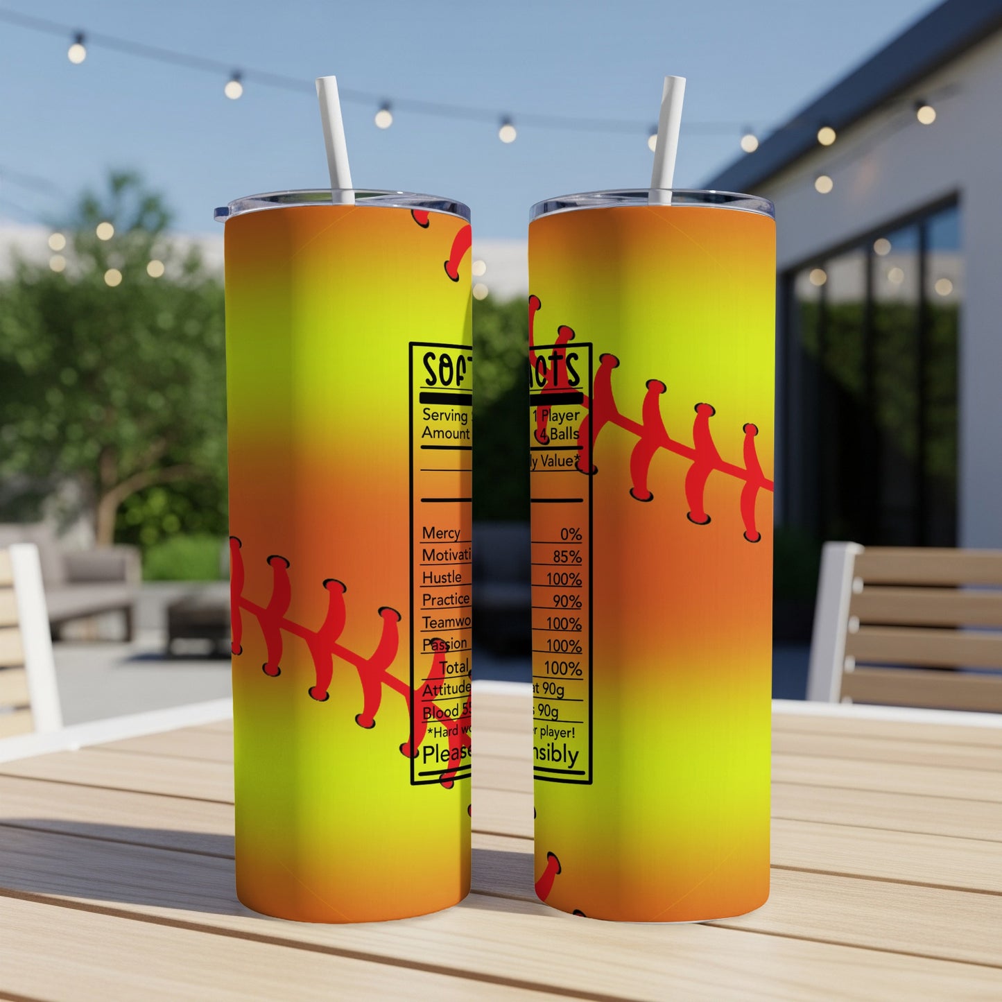 Tumbler with softball stitch design and nutritional label with "SOACTS" theme.