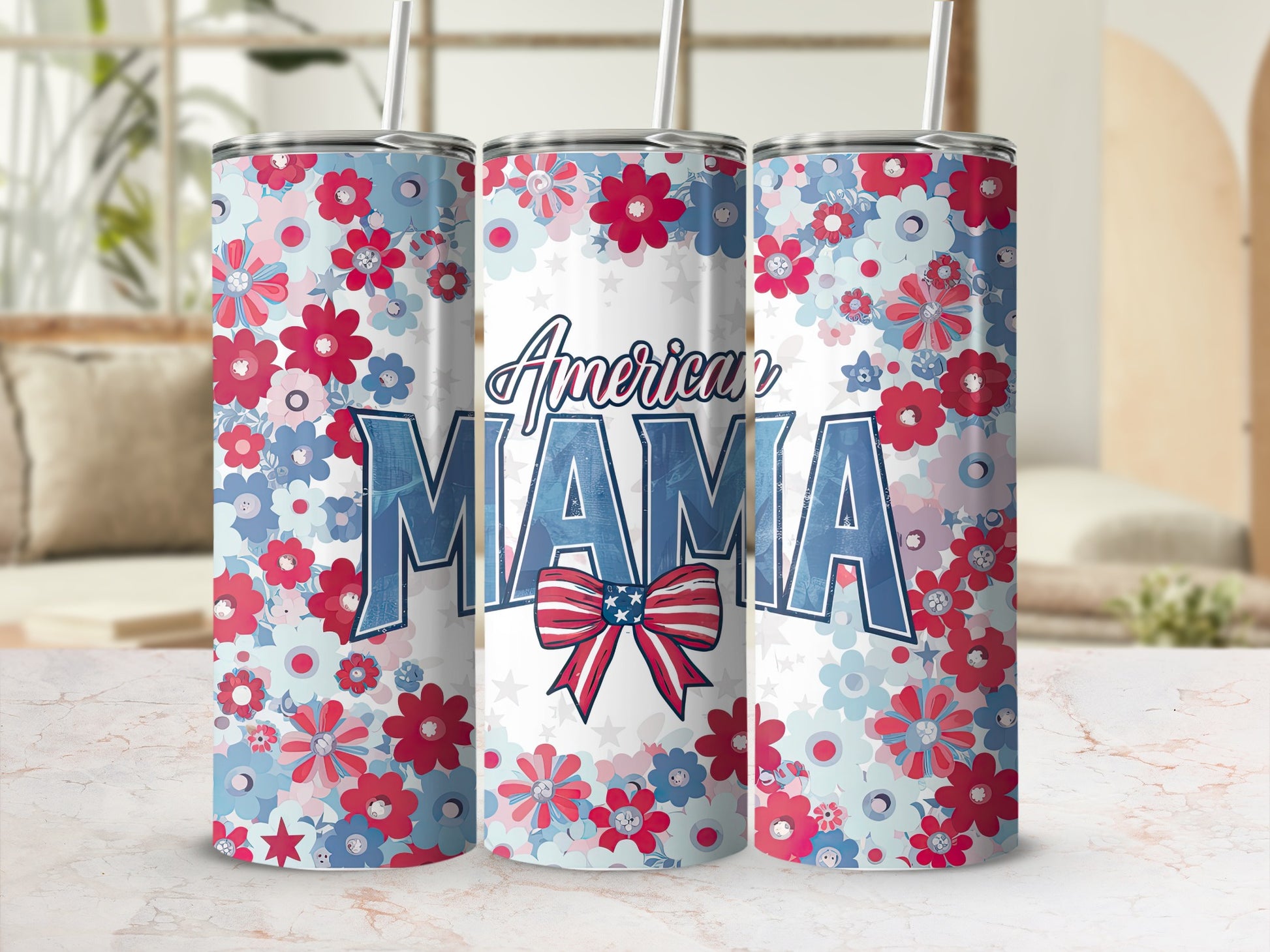 "American Mama" text on a floral patterned tumbler with a red, white, and blue bow.