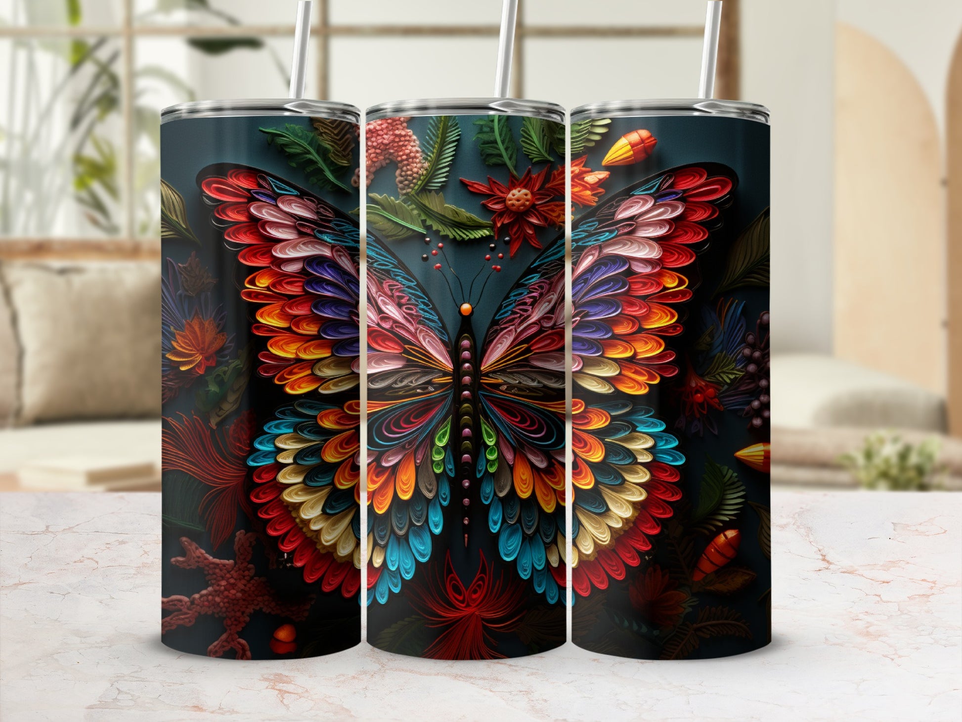 Dark tumbler with a vibrant, colorful butterfly and floral design.