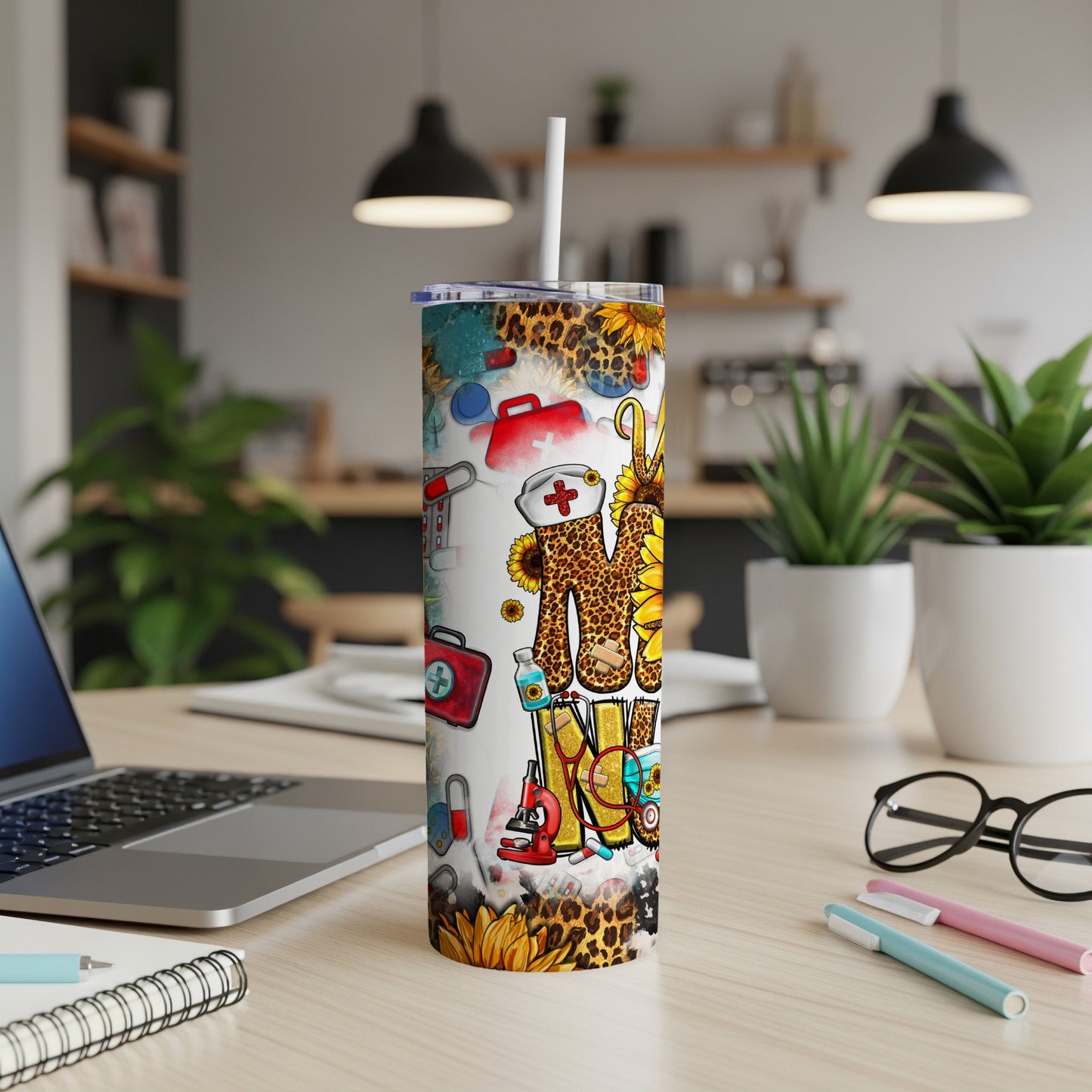 Tumbler with leopard print and medical symbols, including stethoscope, pills, and sunflowers.