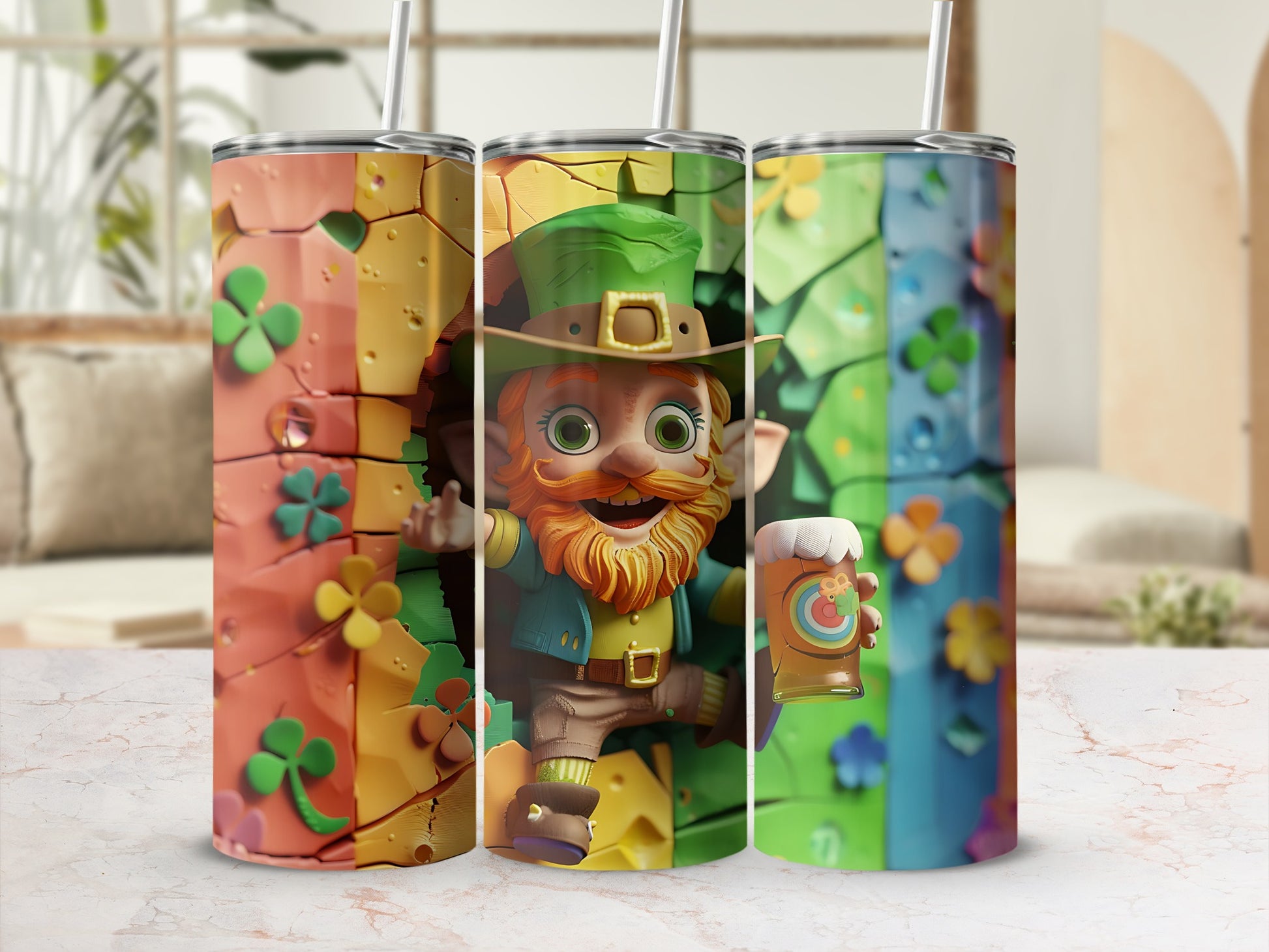 Leprechaun with shamrocks and beer mug on festive St. Patrick's Day tumblers.