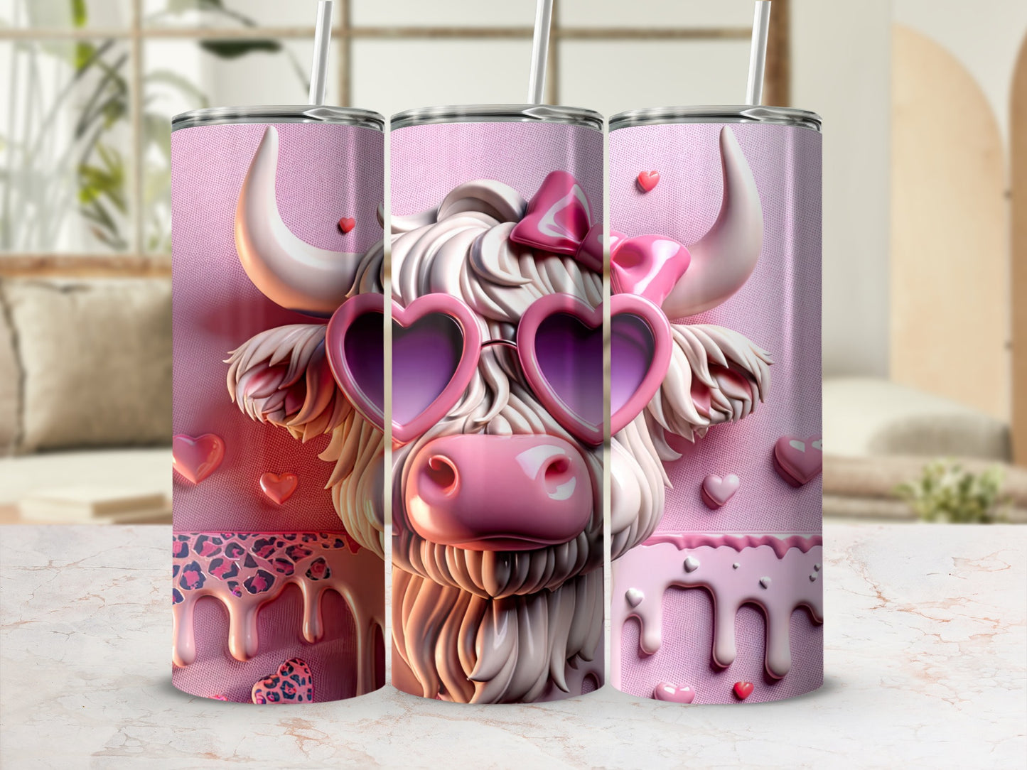 Pink tumbler with fluffy cow wearing heart sunglasses and pink bow.