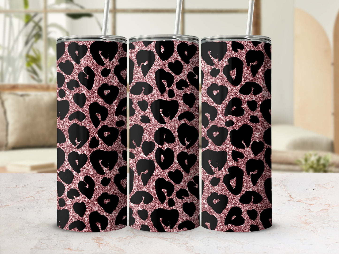 Pink Glitter Leopard Print Tumbler Design Modern Style