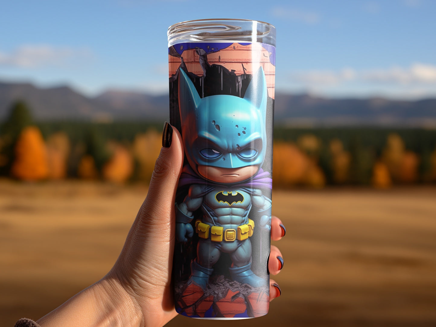 Batman Themed Travel Tumbler with Scenic Background