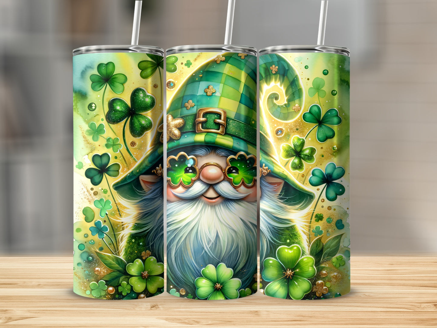 Leprechaun gnome with shamrocks on St. Patrick's Day tumbler.