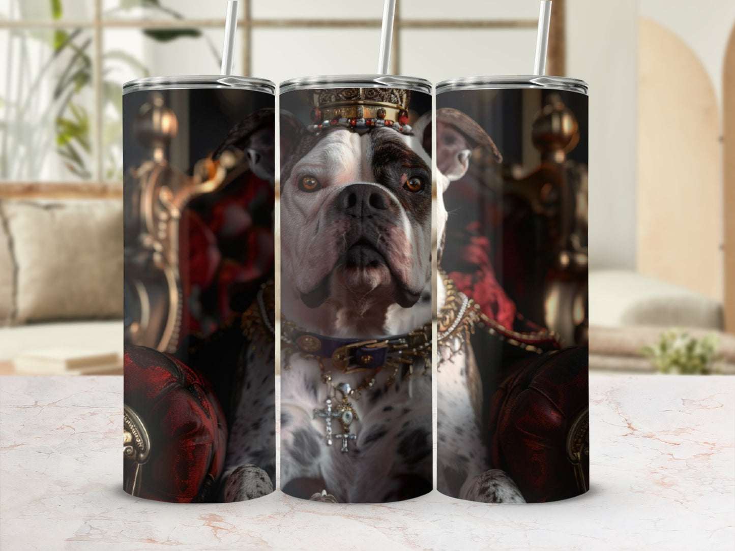 Bulldog wearing a crown and ornate jewelry, seated regally on a throne.
