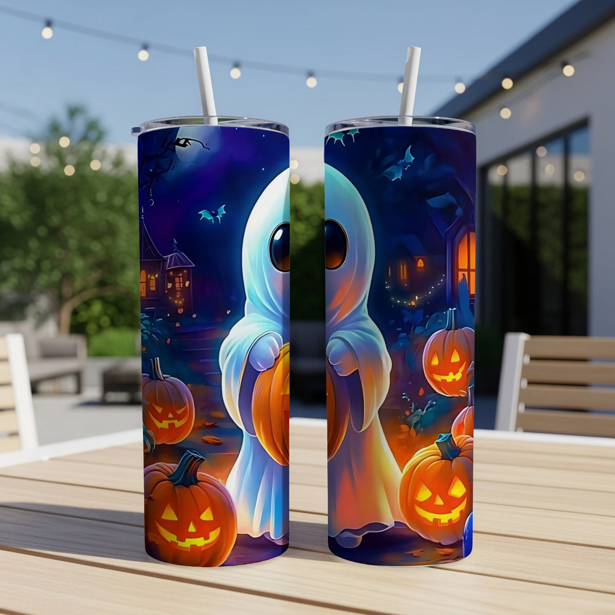 Two tumblers feature a cute ghost holding a pumpkin with Halloween pumpkins and bats.