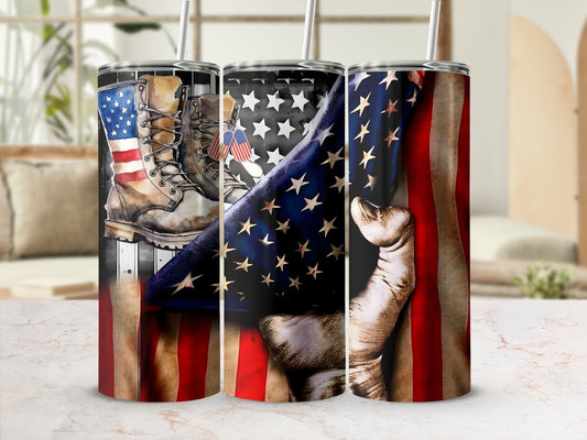 Tribute tumbler with flag, boots, and soldier's hand.