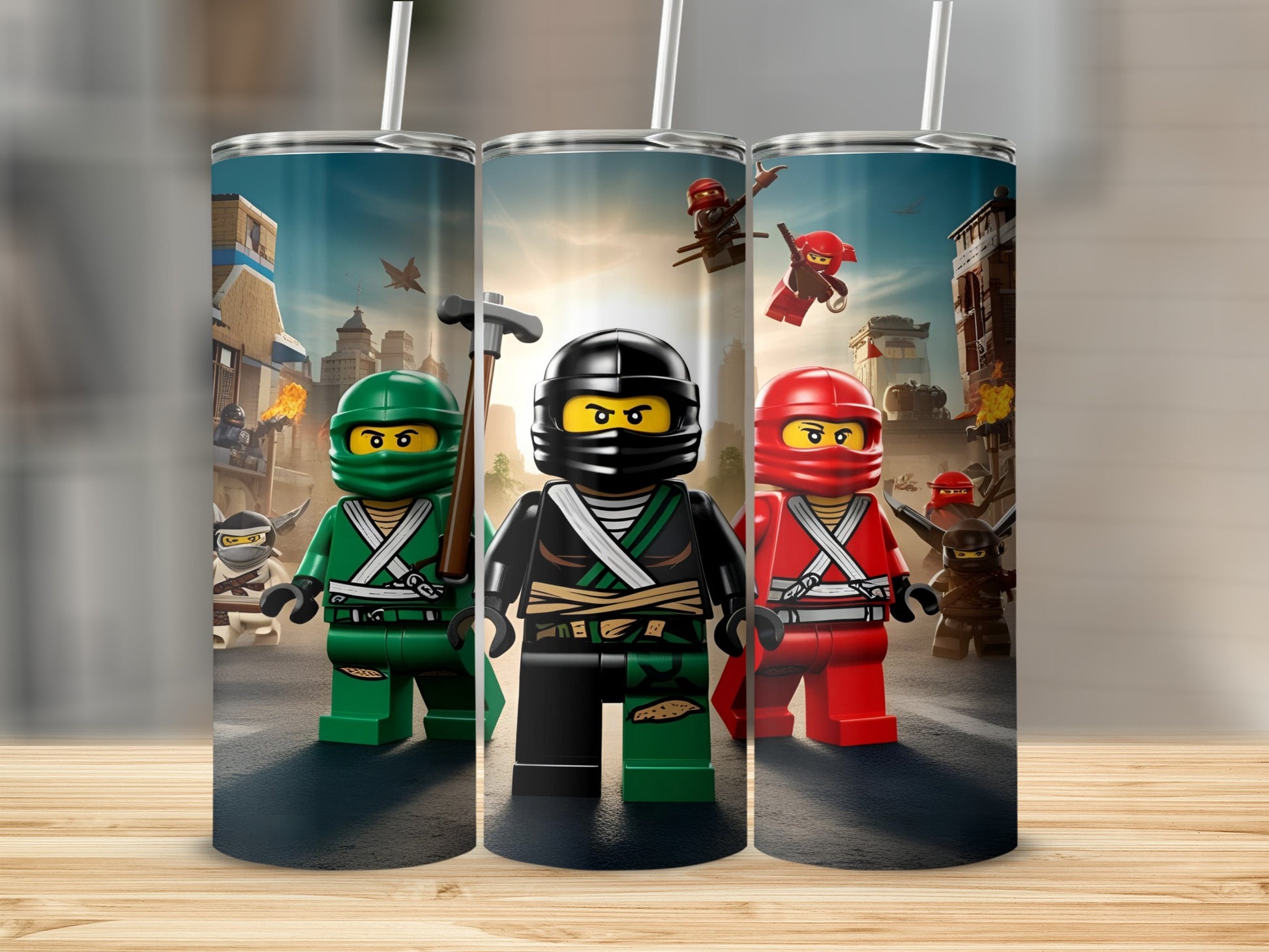 Lego Ninjago characters Kai, Cole, and Jay stand ready for action.