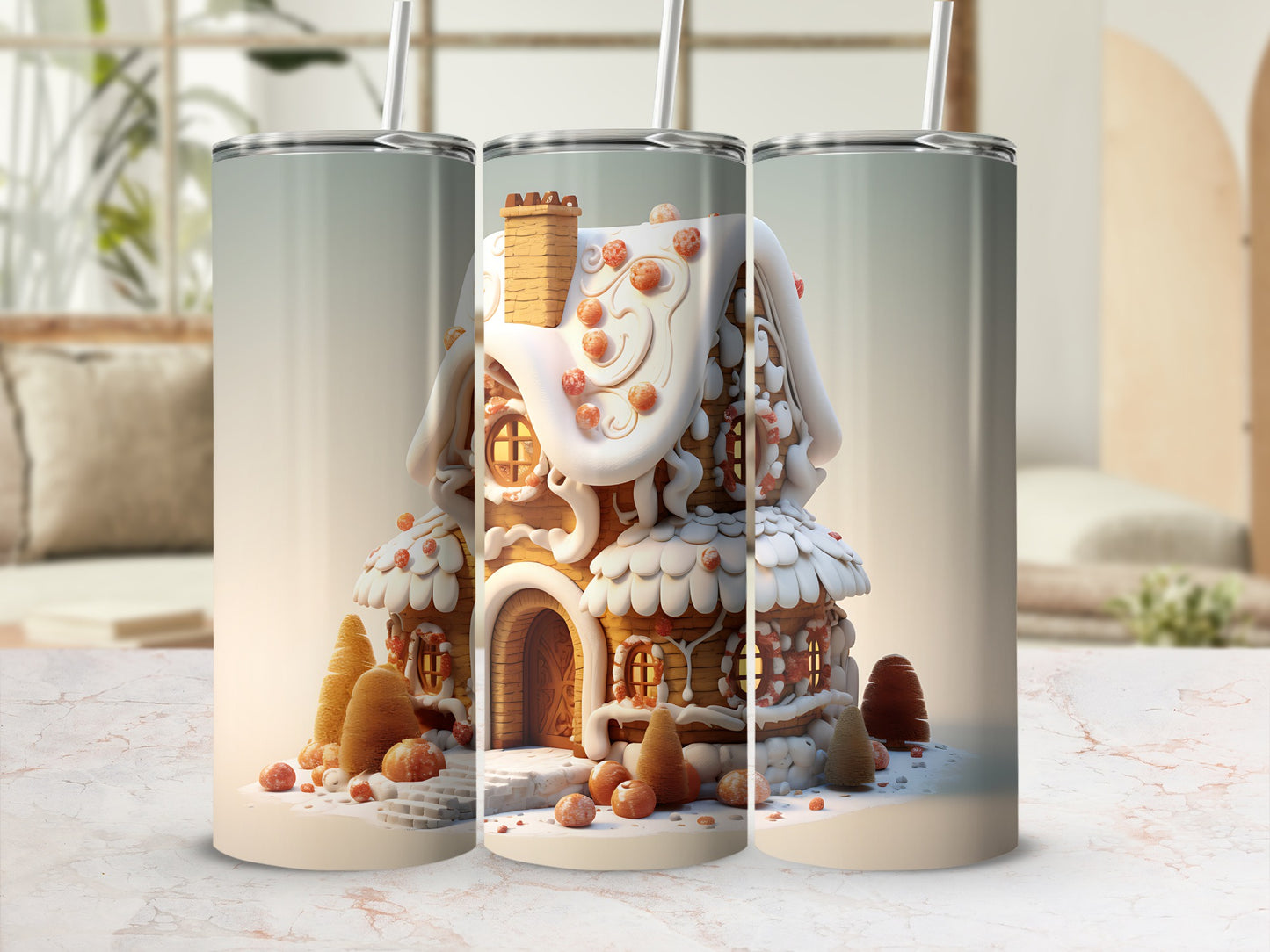 Gingerbread house tumbler design with icing and candy details.