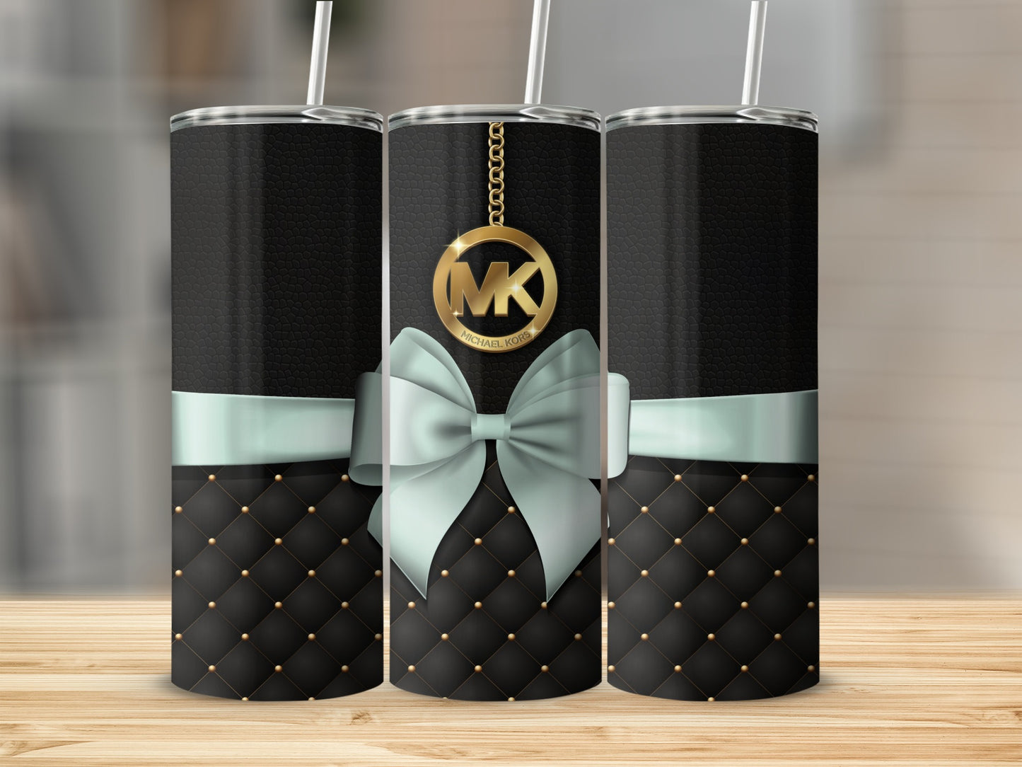 Black and Gold Patterned Tumbler with Bow Design