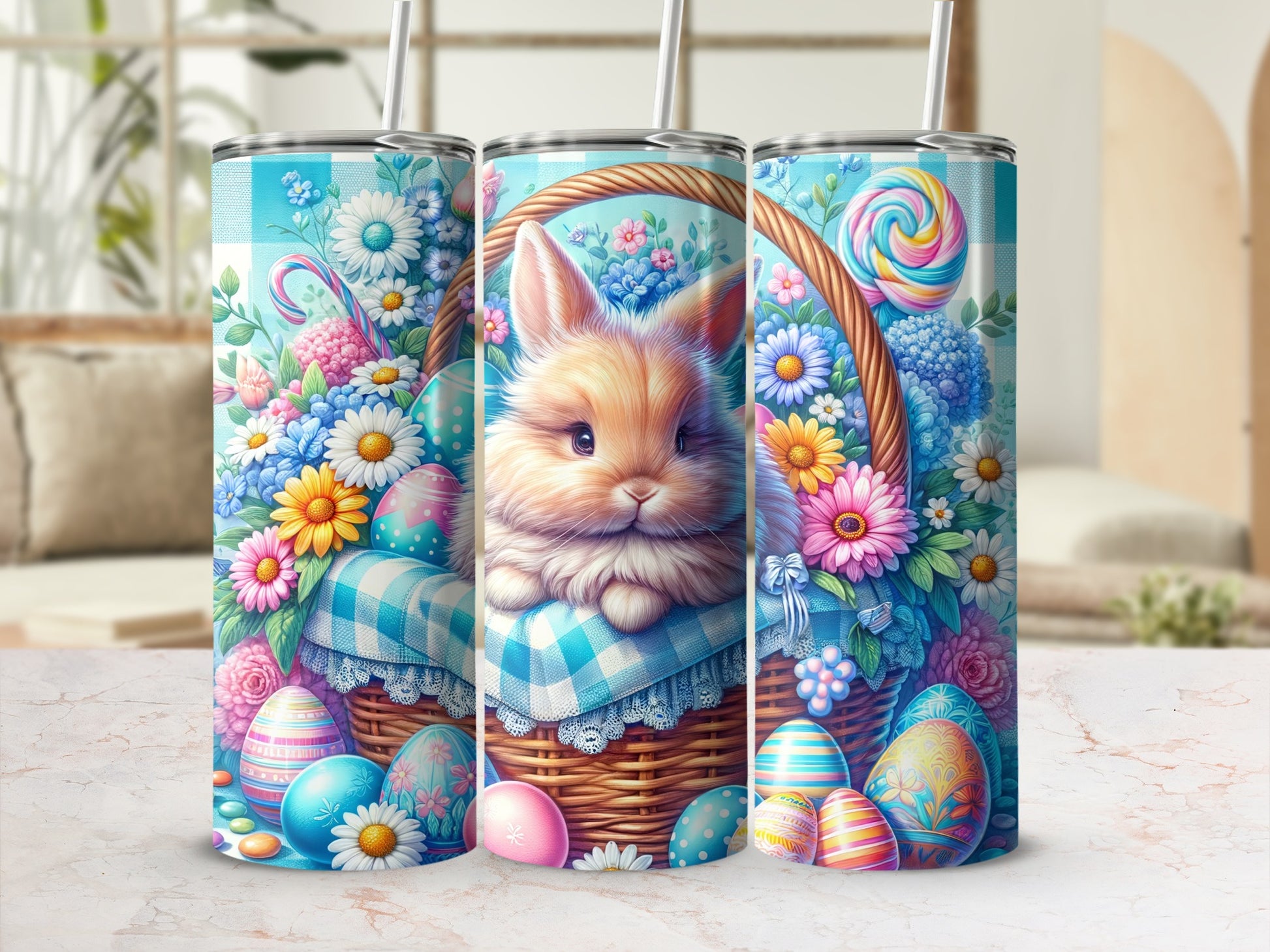 Bunny in basket with Easter eggs and flowers on blue checkered background.