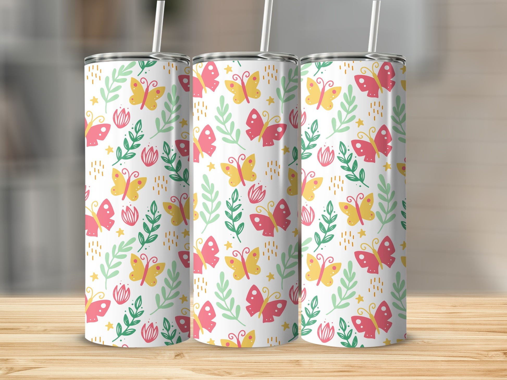 Colorful Butterfly and Floral Patterned Tumbler