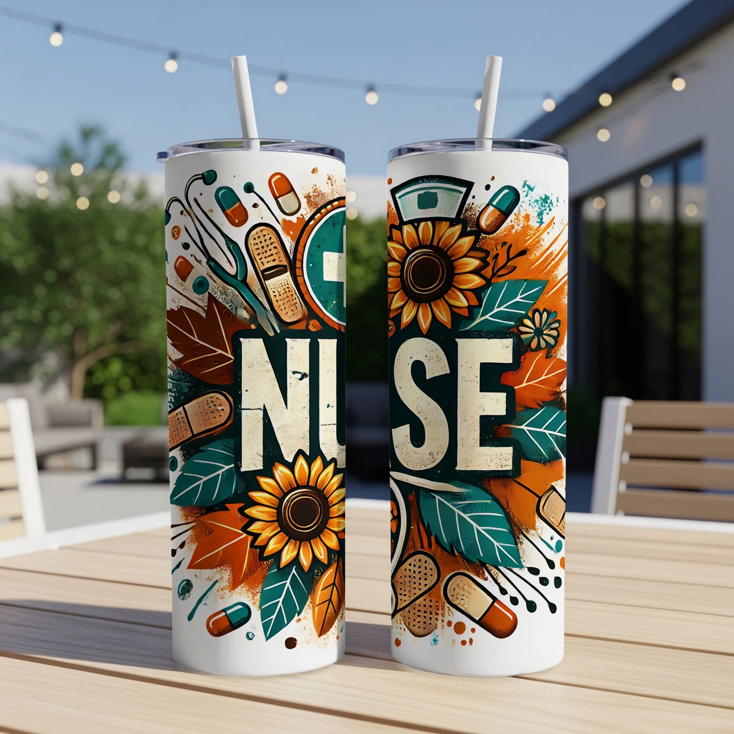 Two tall tumblers featuring the word "NURSE" with medical and floral graphics.