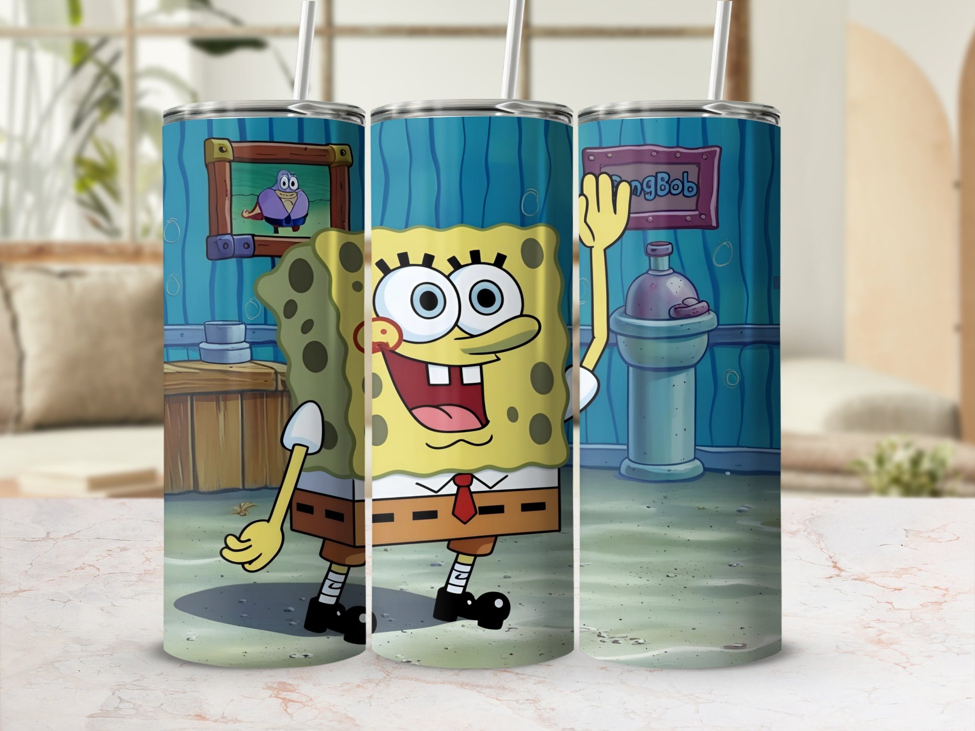 SpongeBob SquarePants smiling and waving in his kitchen.