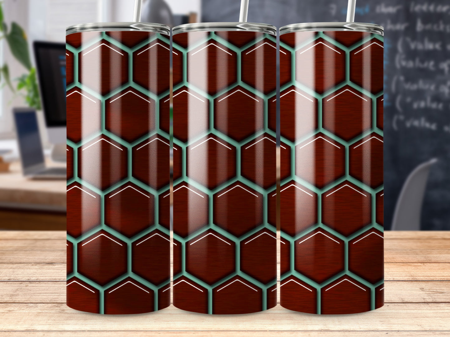 Brown Hexagons Against Turquoise Background Design Tumblers
