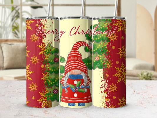 Christmas gnome and trees on tumbler with festive red and yellow design.