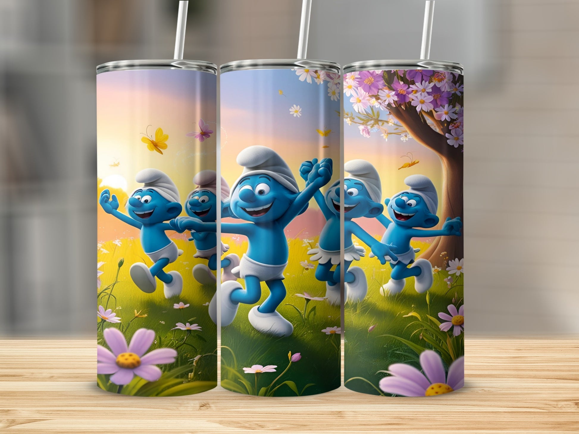 Smurfs dancing joyfully in a sunlit meadow with flowers and butterflies.