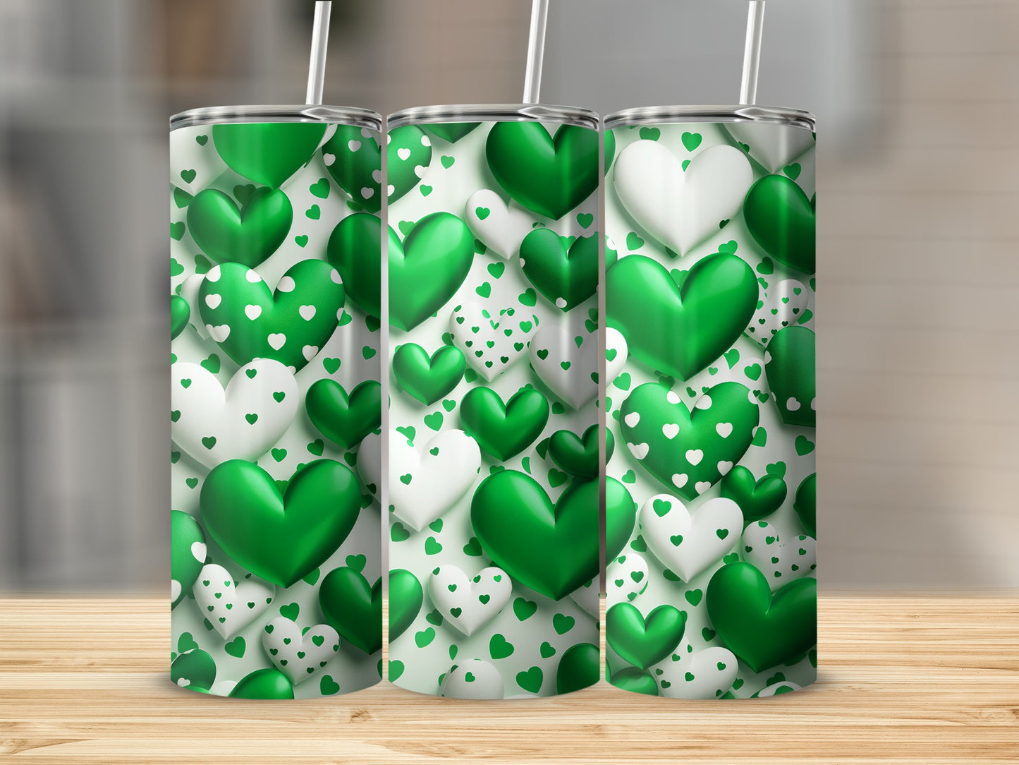 Green and White Heart Pattern Tall Tumbler Cup