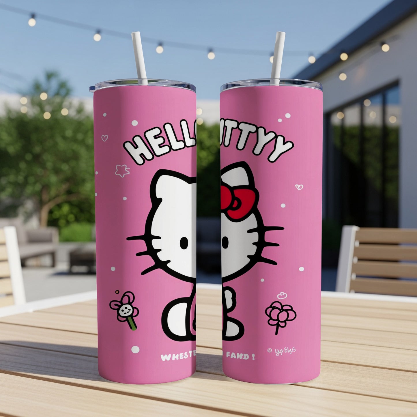 Pink tumbler with Hello Kitty, flower, and text "HELLOTTYY" and "WHETHER YOU'RE".