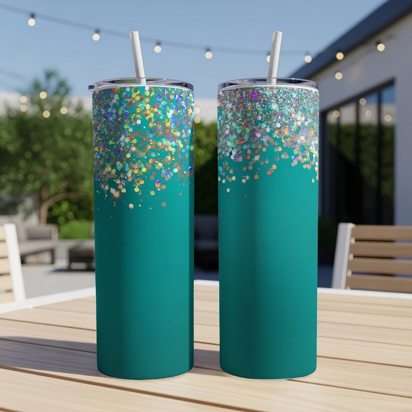 Two teal tumblers with glitter tops and straws sit on a table outdoors.