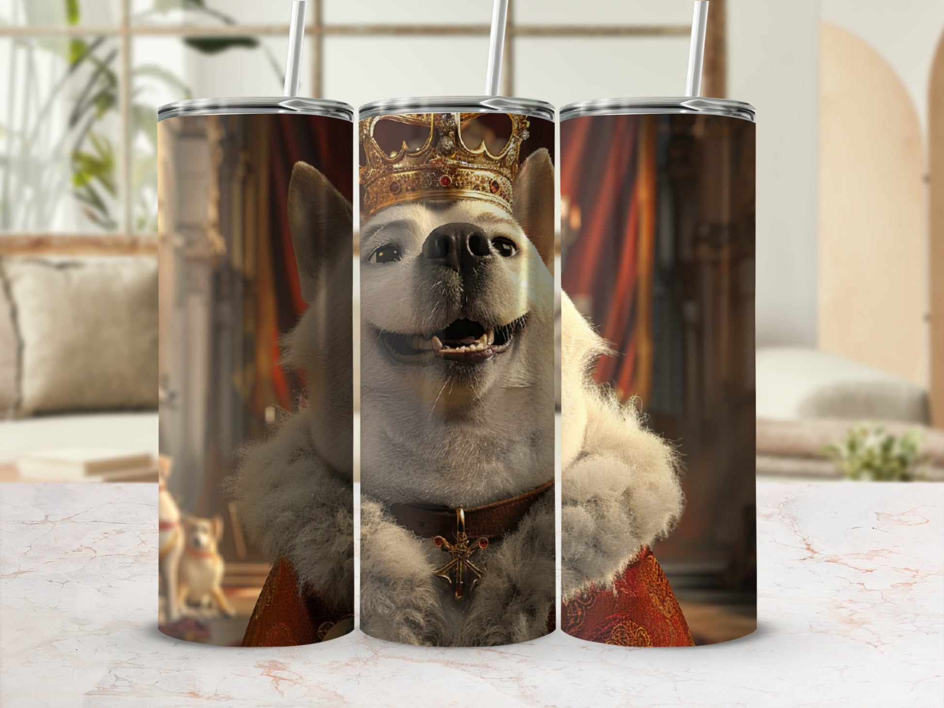 Dog wearing a crown and regal robe, front view.