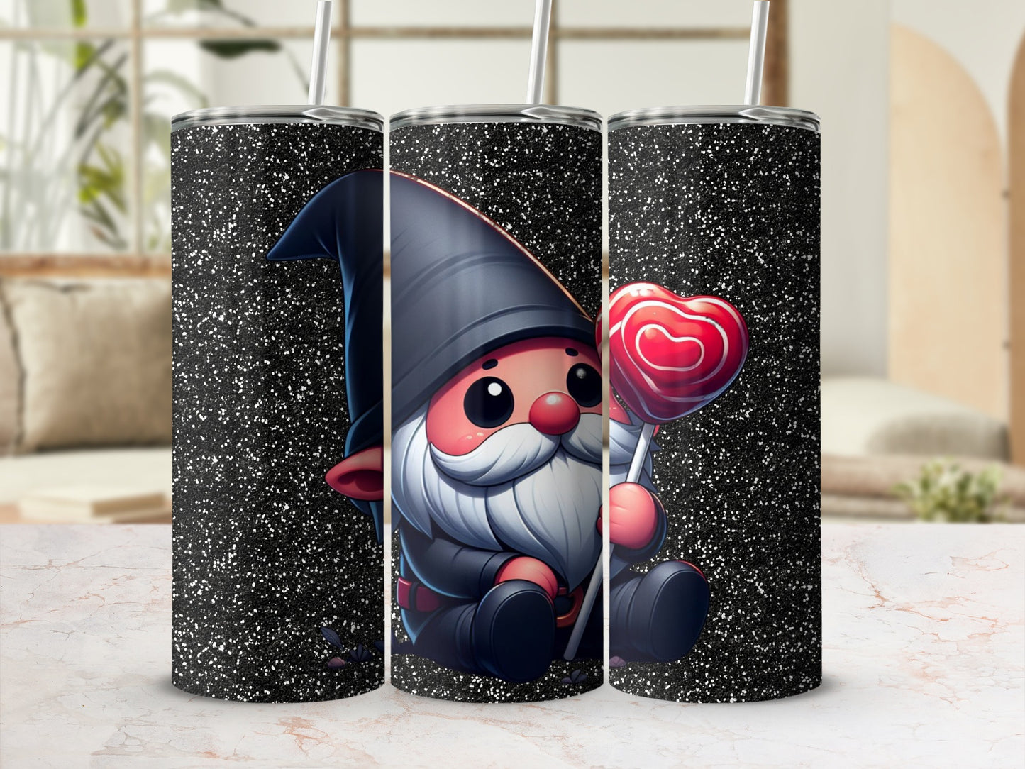 Adorable Gnome with Heart Lollipop Glitter Tumbler