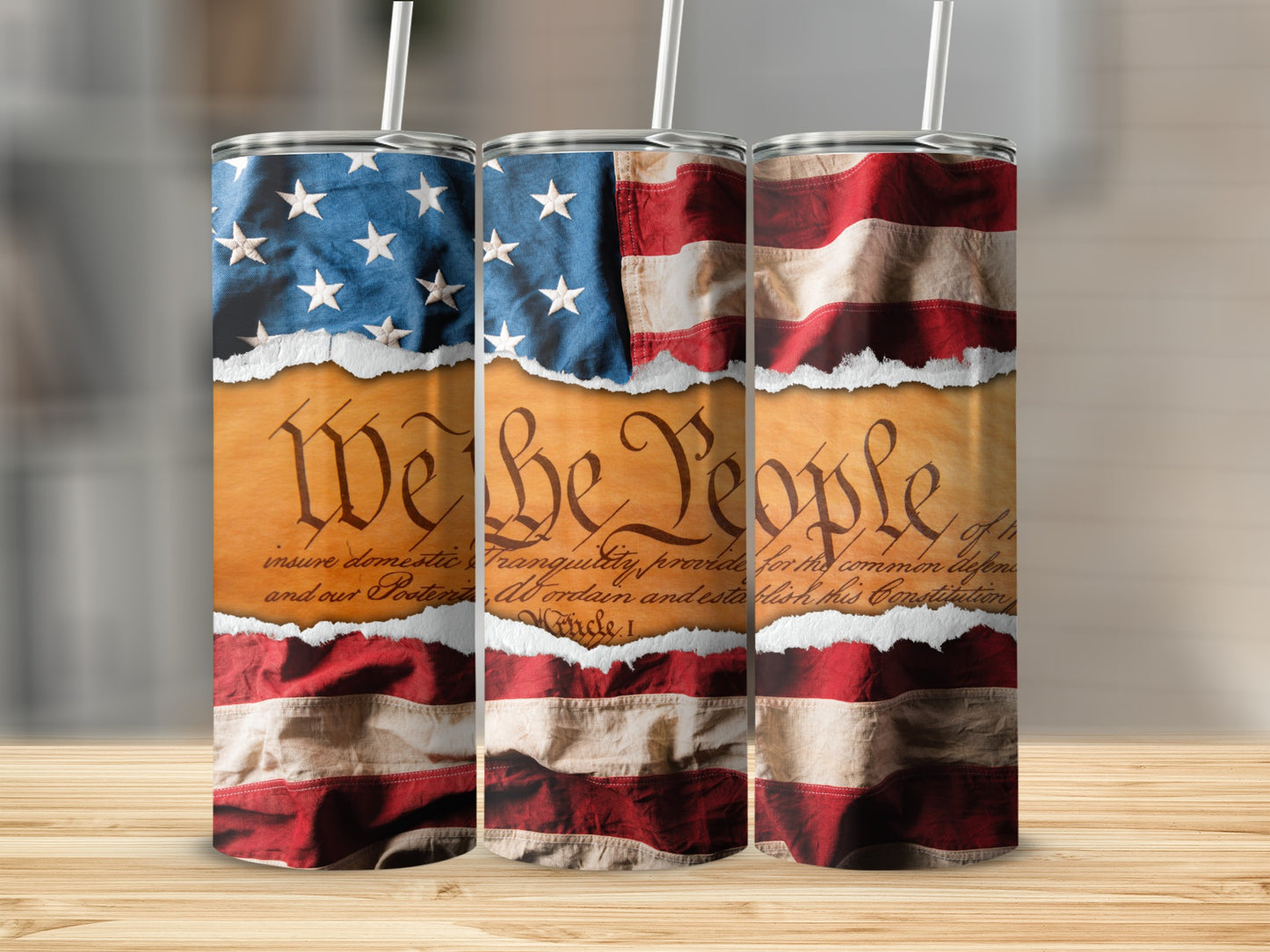 Triptych of tumblers featuring patriotic US flag and "We the People" text.