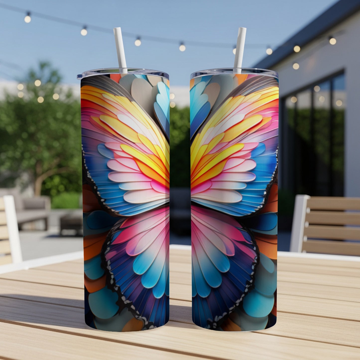 Two tumblers with colorful butterfly wing designs sit on a table outdoors.