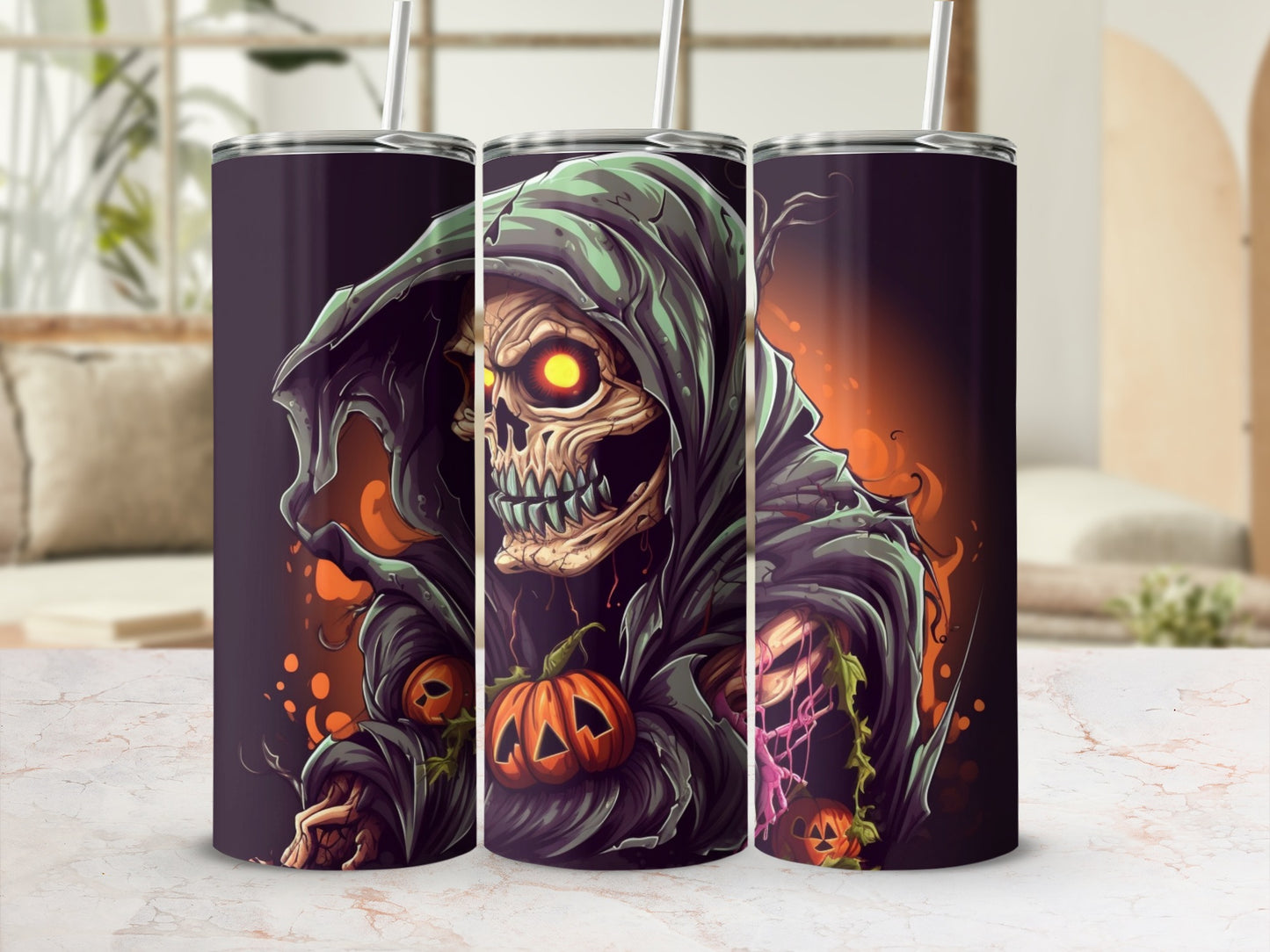 Tumblers feature a grim reaper with glowing eyes and pumpkins.