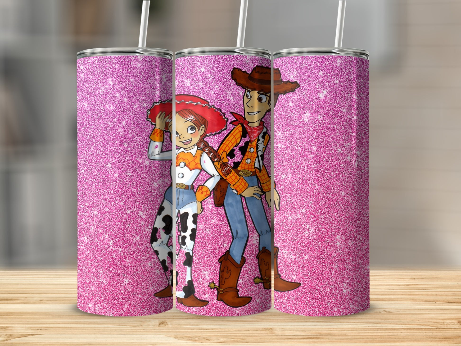 Pink Sparkly Tumbler with Cartoon Cowboy Characters