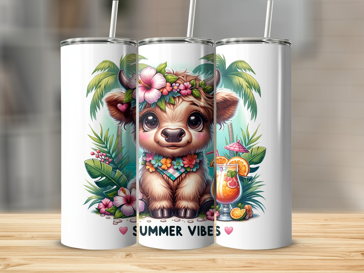 Cute cartoon cow wearing flowers, holding a tropical drink, with "SUMMER VIBES" text.