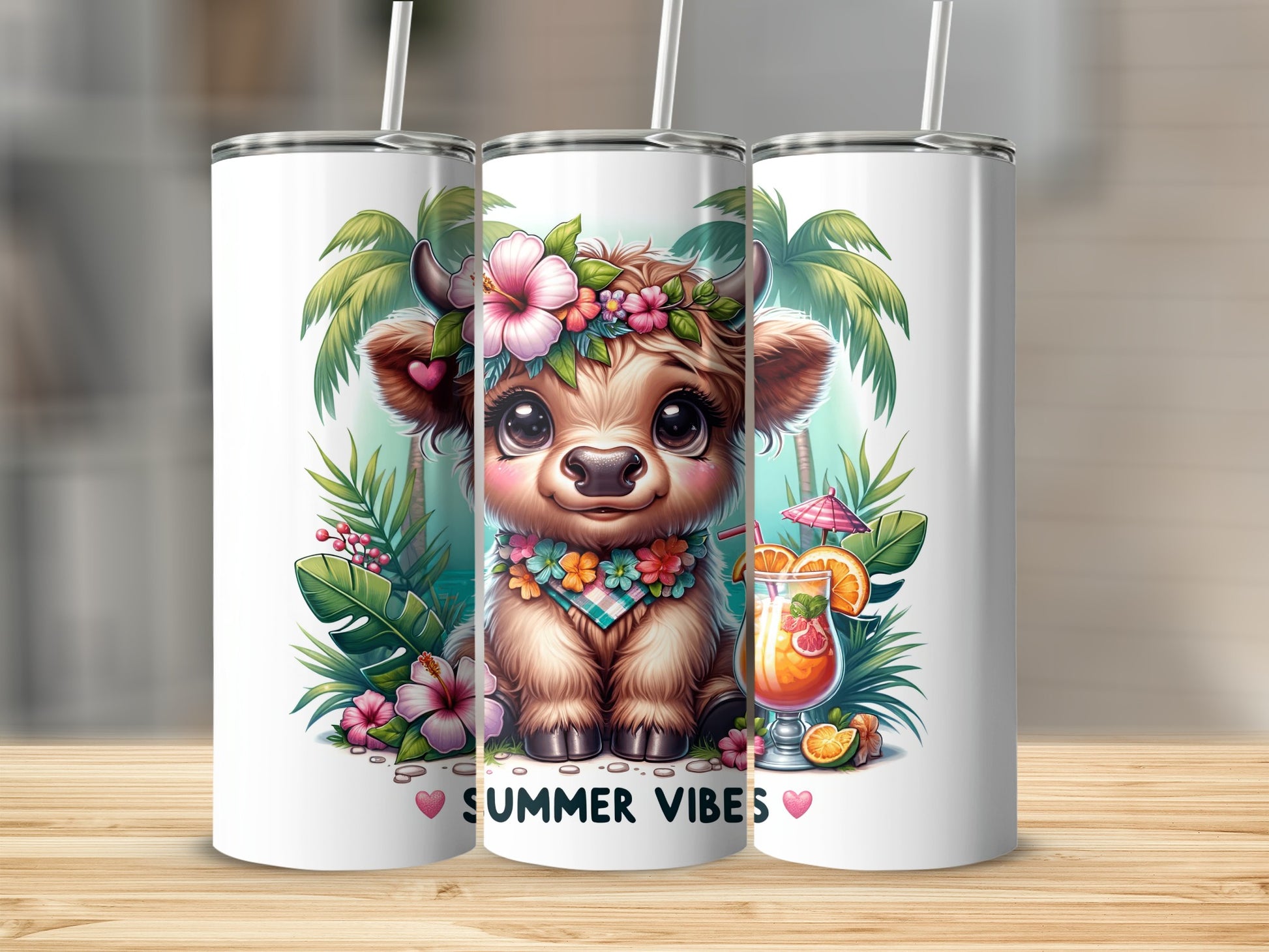 Cute cartoon cow wearing flowers, holding a tropical drink, with "SUMMER VIBES" text.