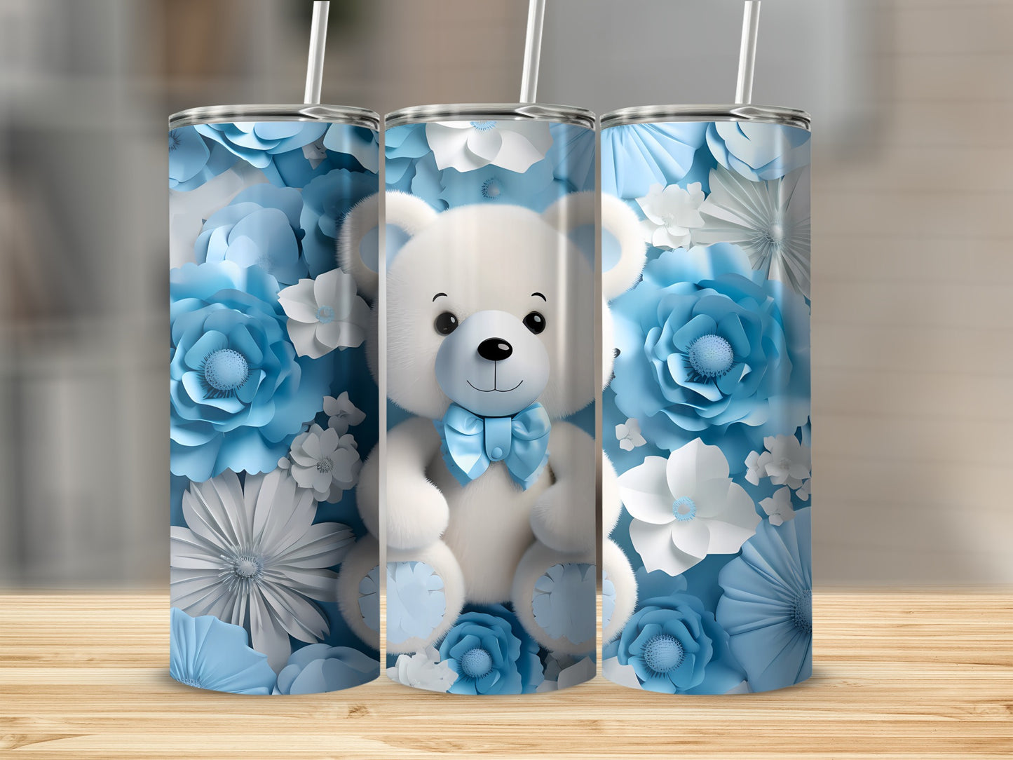 Whimsical White Teddy Bear Blue Flowers Tumbler product type