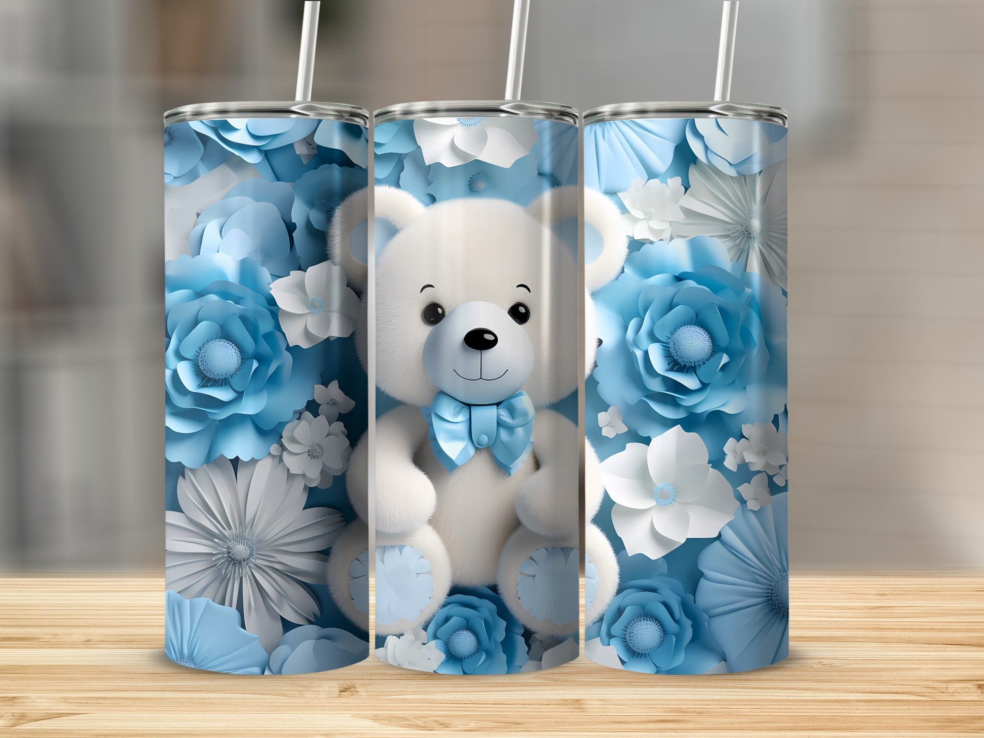 Whimsical White Teddy Bear Blue Flowers Tumbler product type