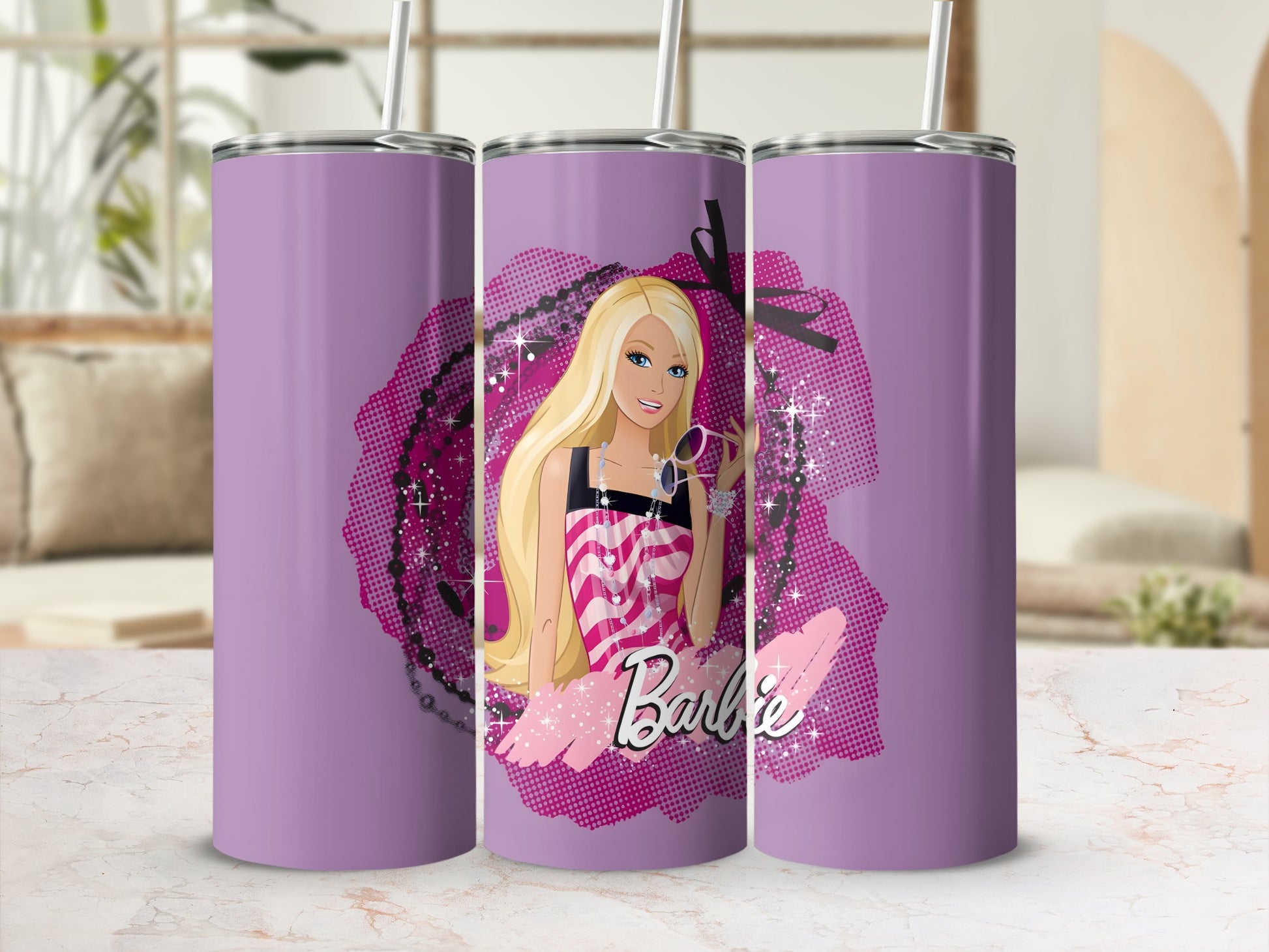 Barbie graphic on a purple tumbler with a straw.