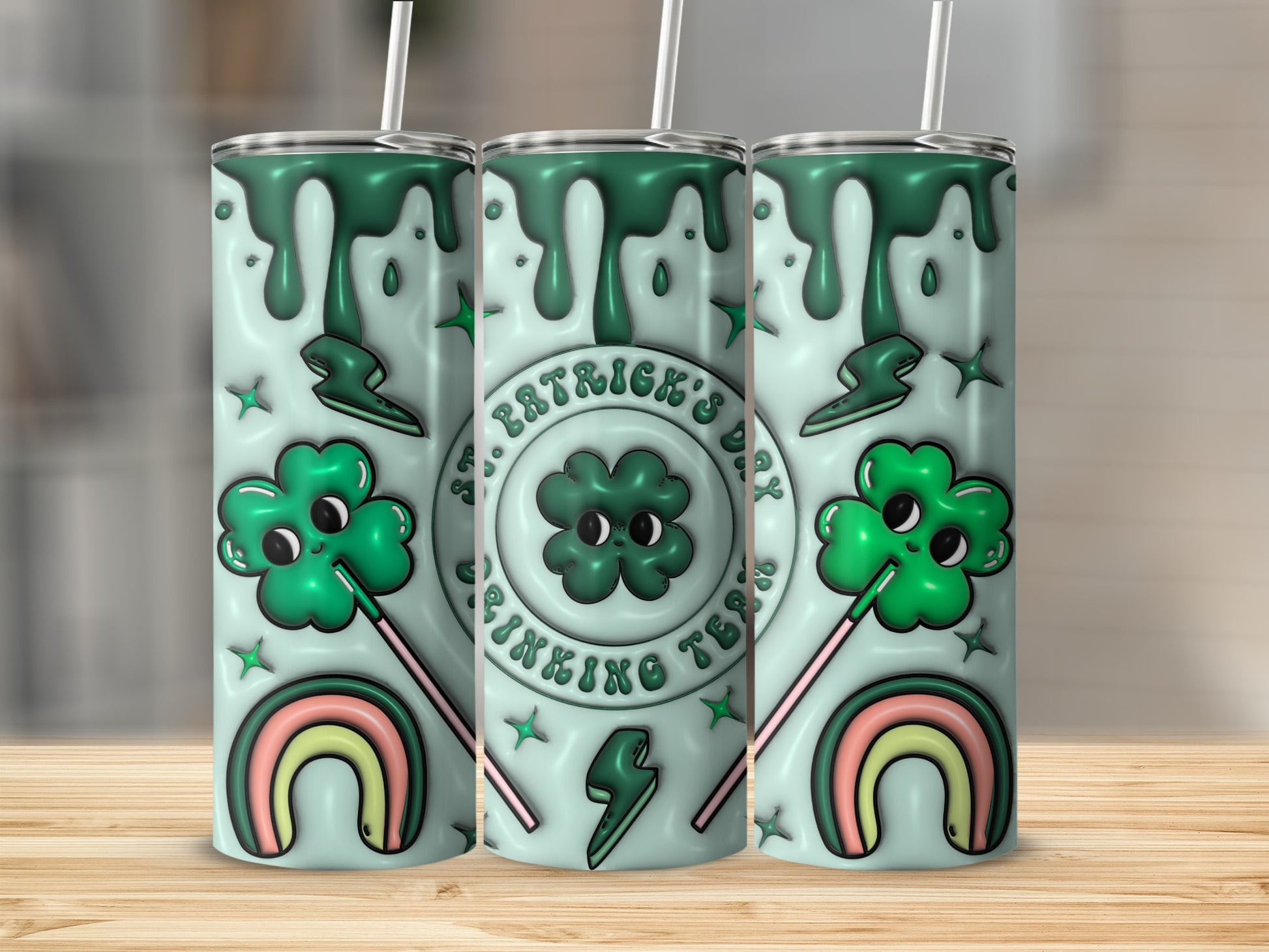 St. Patrick's Day tumbler with shamrocks, rainbows, and lightning bolts.