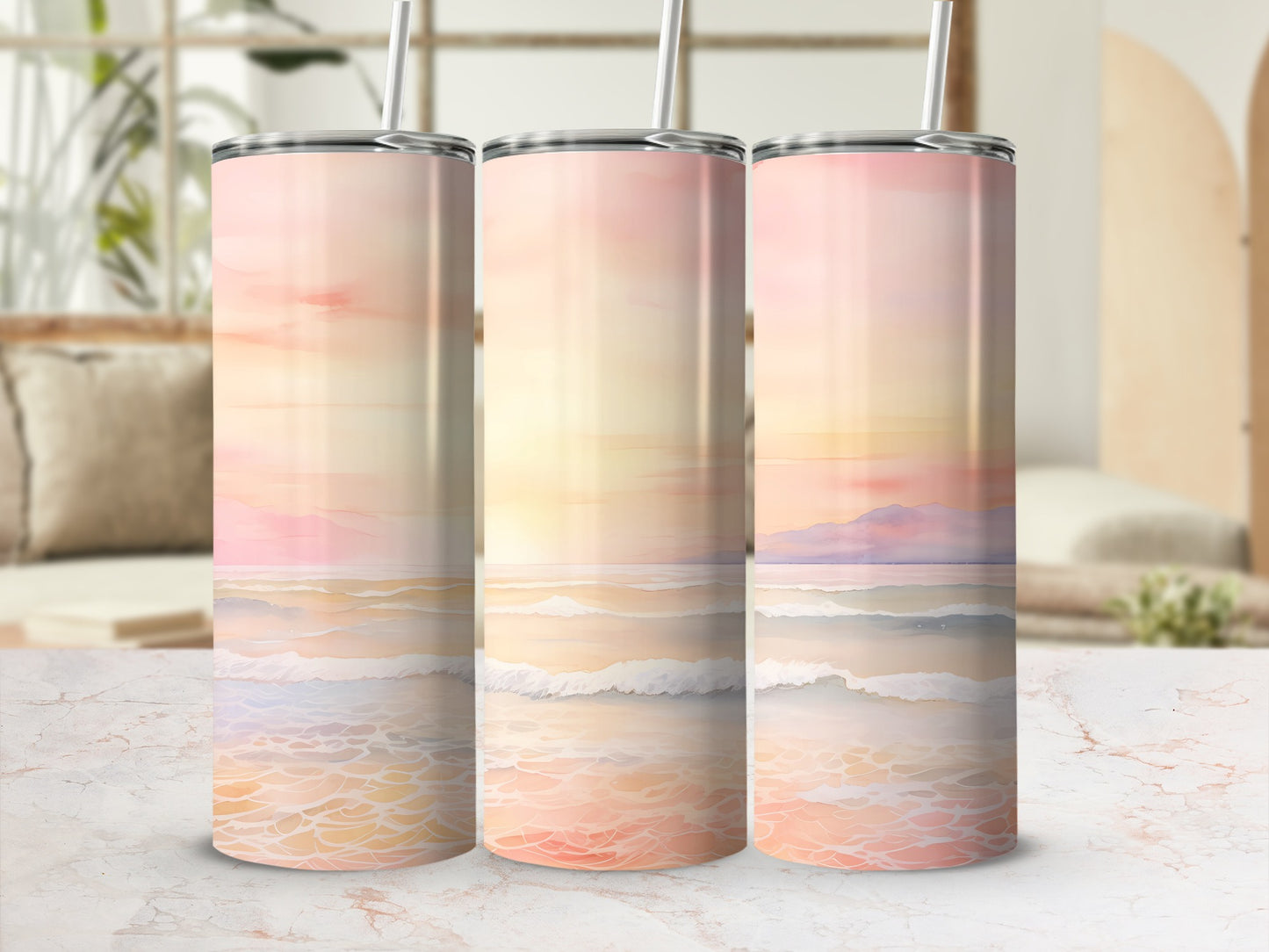 Watercolor Beach Sunset Ocean Waves Art product type